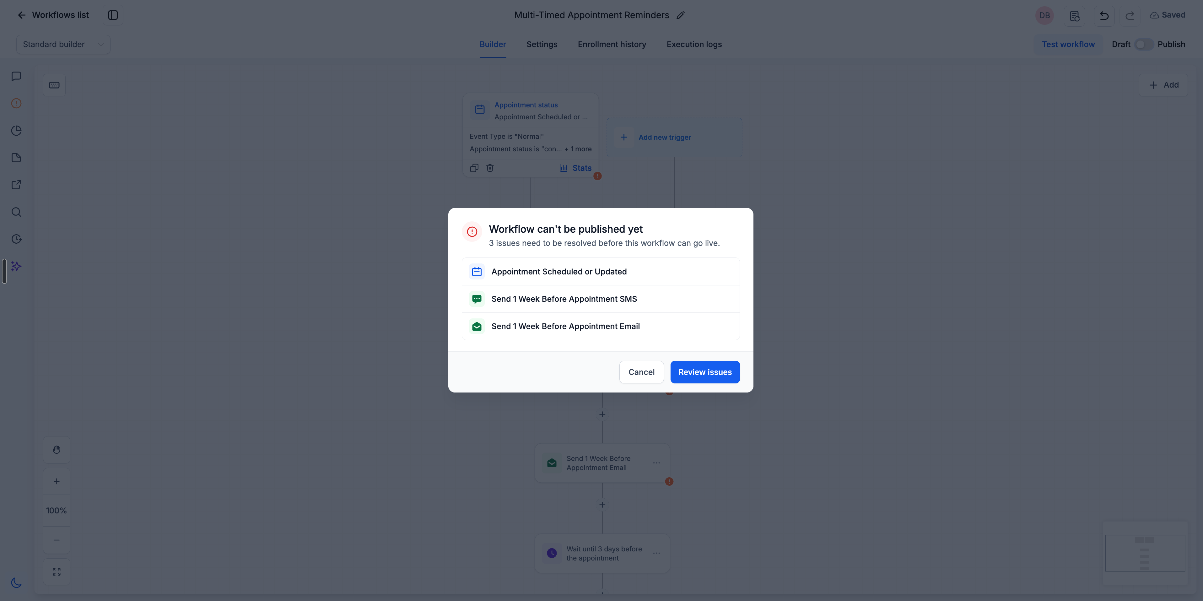 Esempio della finestra modale che elenca gli errori da risolvere prima di poter pubblicare un workflow.