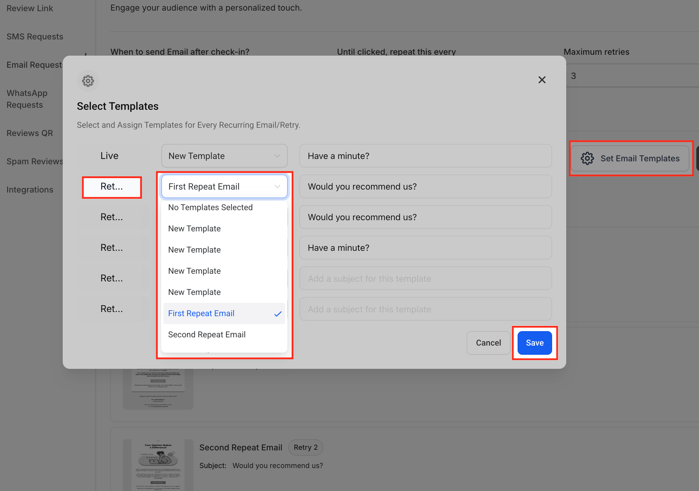 Passo 8: Assegnazione dei modelli email per l'invio iniziale e i tentativi successivi.
