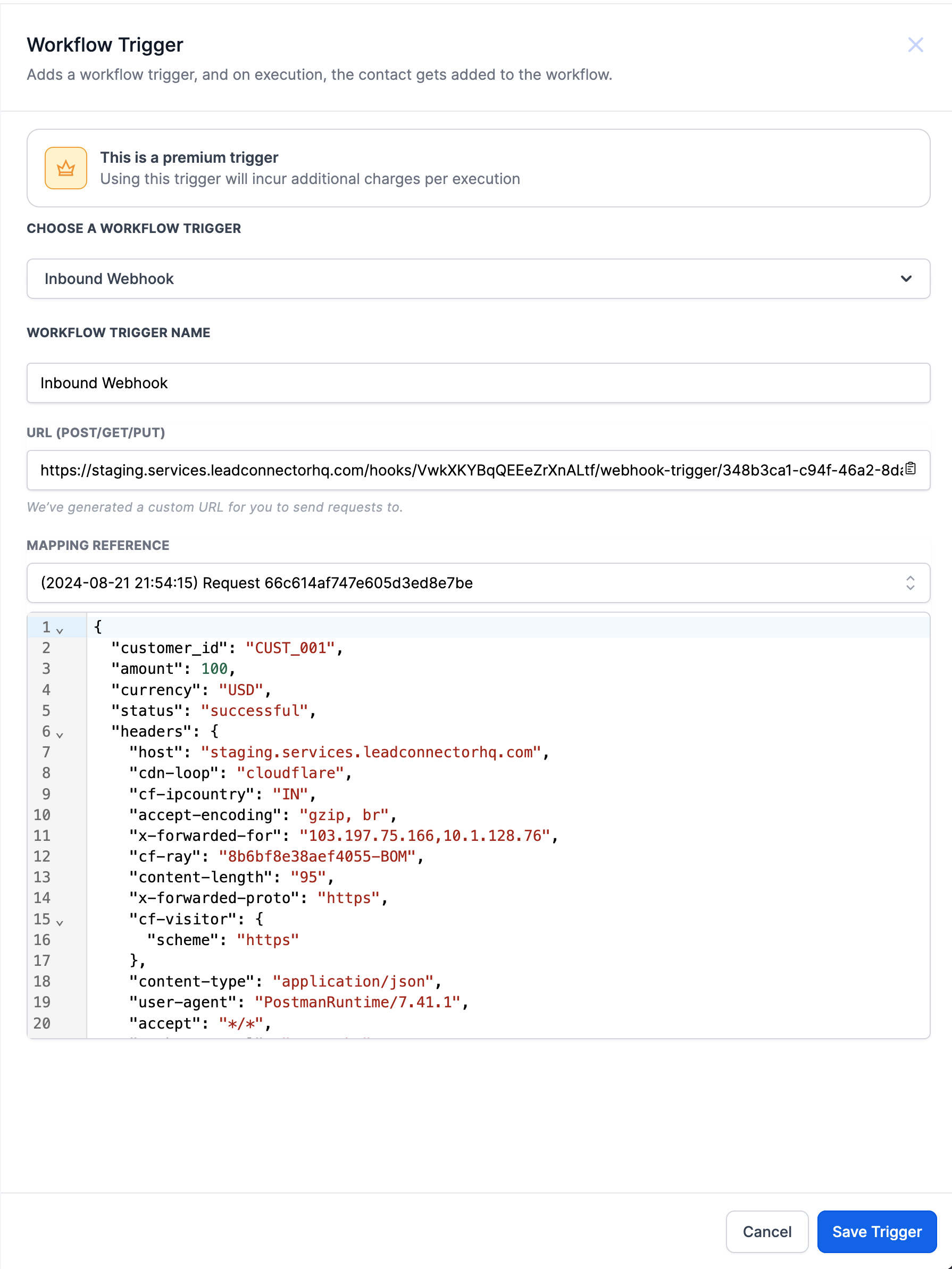 Dettaglio della configurazione del webhook con l'URL da copiare.