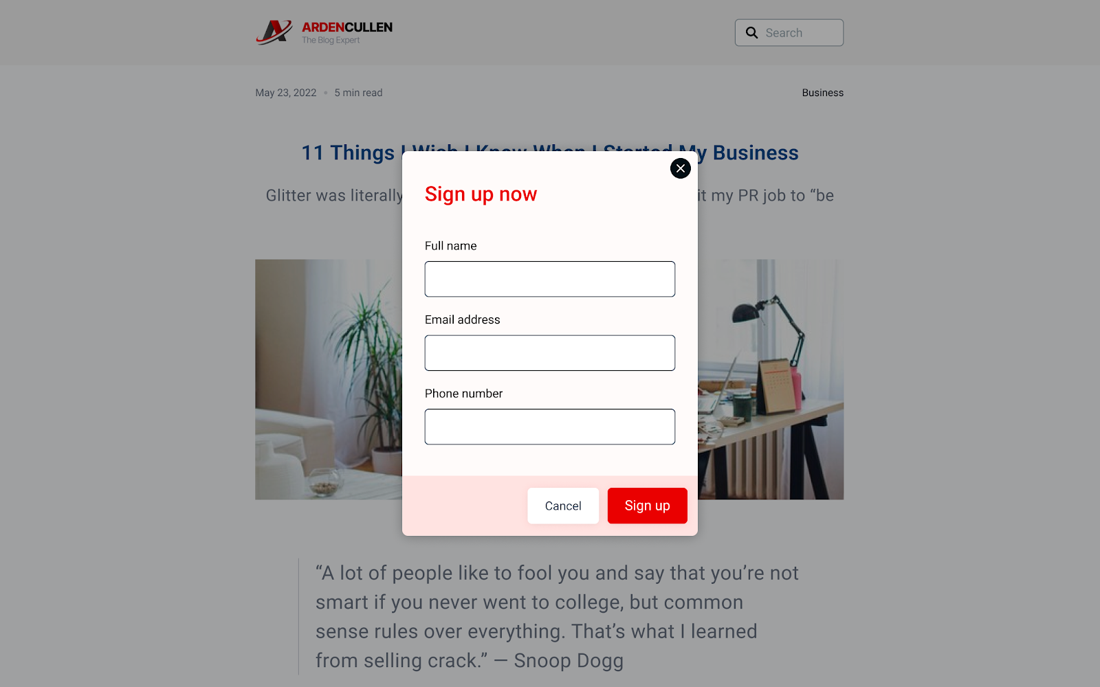 Esempio di modulo con layout popup.