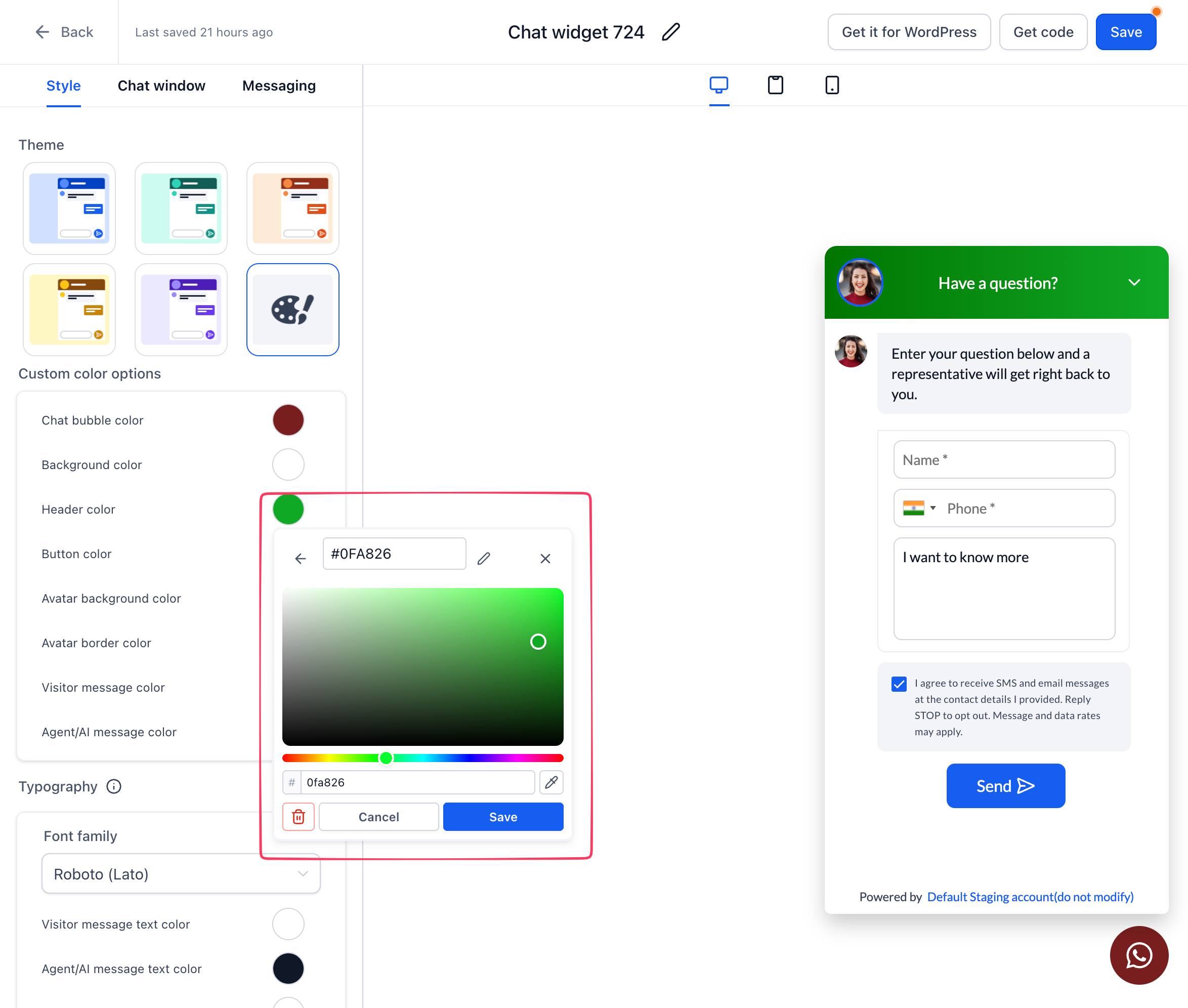 Selettore dei font nel Chat Widget con i font del brand in evidenza.