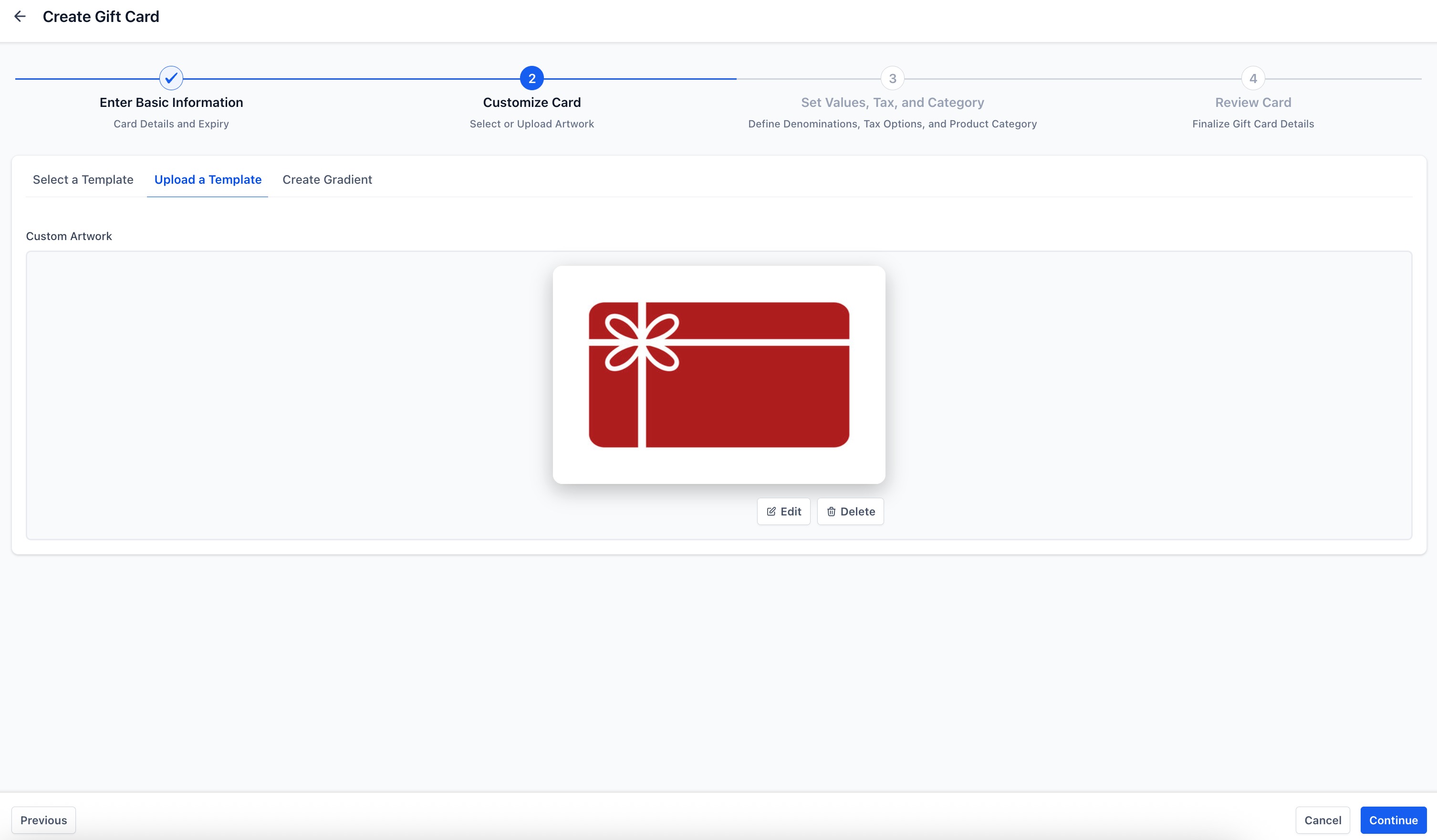 Opzione per caricare un'immagine personalizzata per una gift card.