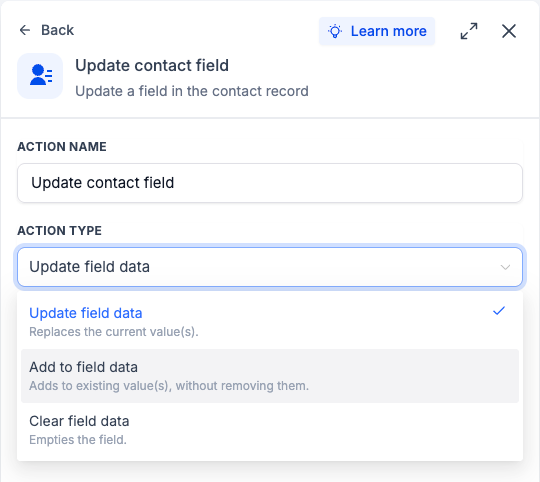 Schermata dell'azione workflow 'Aggiorna campo contatto' in Futuria CRM che mostra le opzioni 'Aggiorna', 'Aggiungi' e 'Svuota' per i campi a selezione multipla.