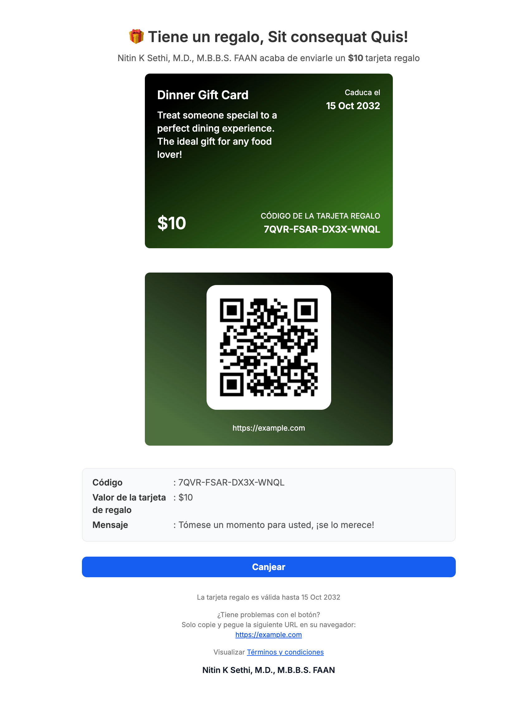 Interfaccia di invio Gift Card su Futuria CRM con selezione della lingua.