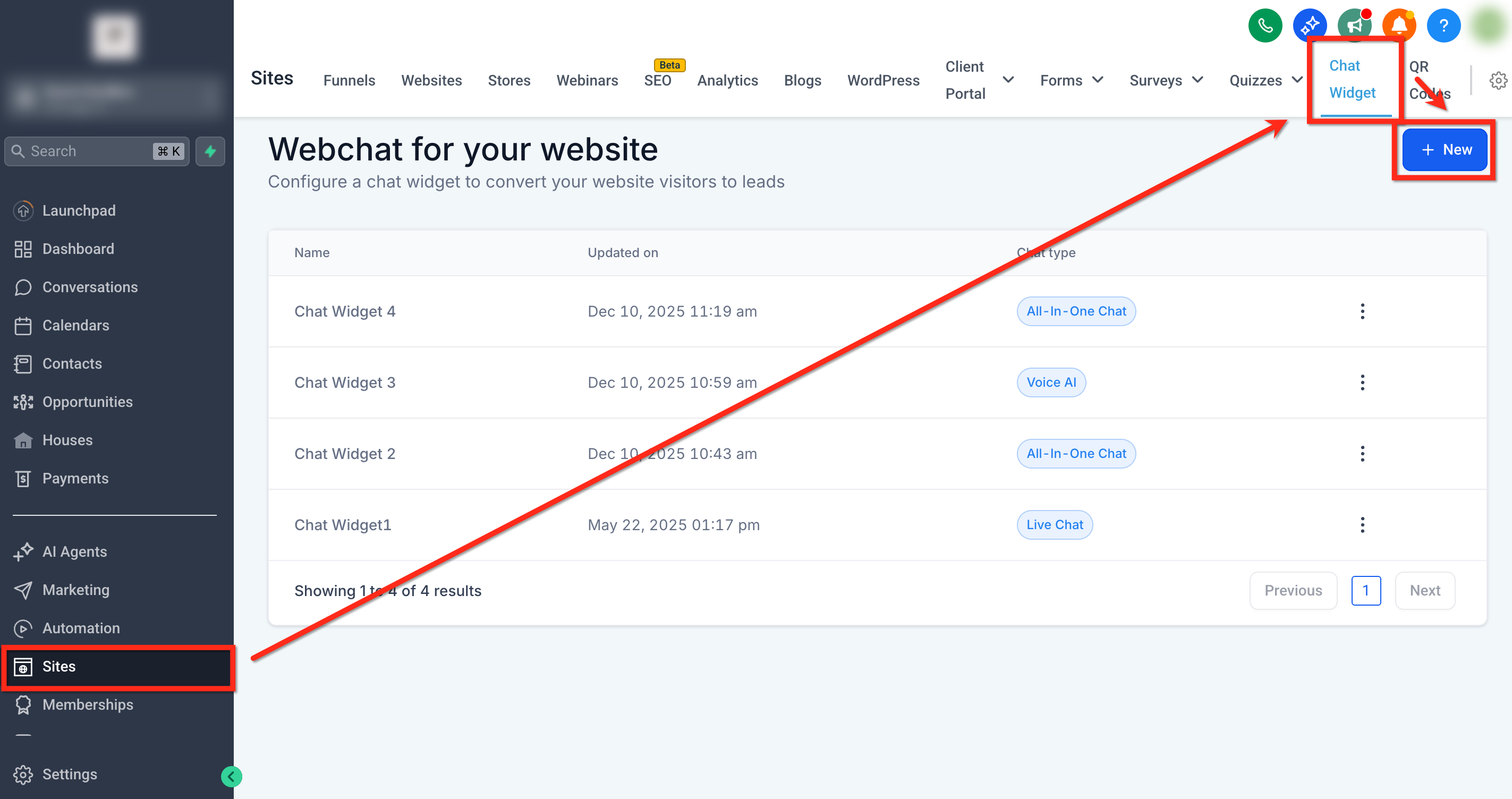 Creazione di un nuovo widget di chat in Futuria CRM
