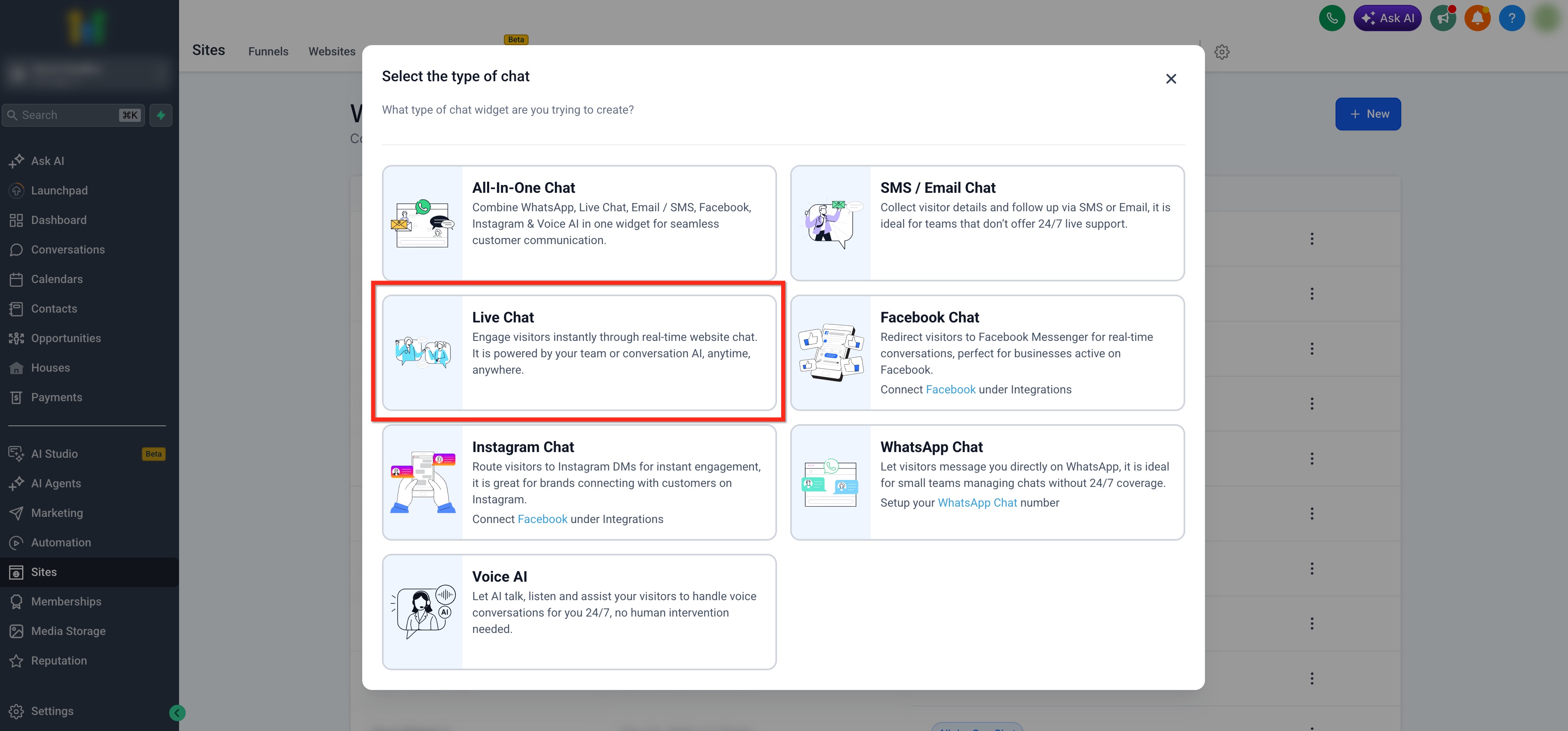 Selezione del tipo di widget Live Chat.