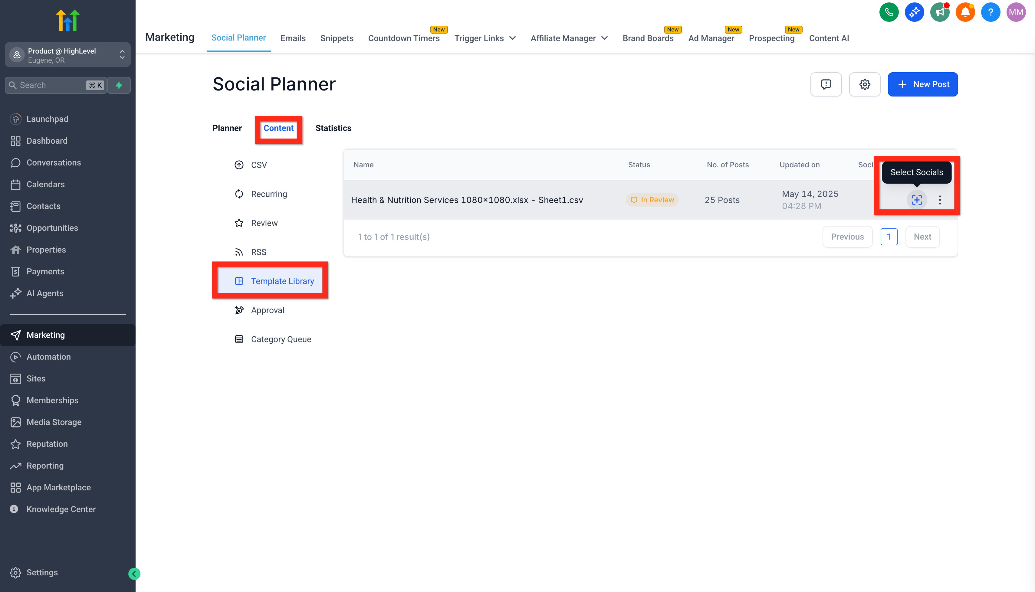 Selezione dei canali social su cui pubblicare il post.