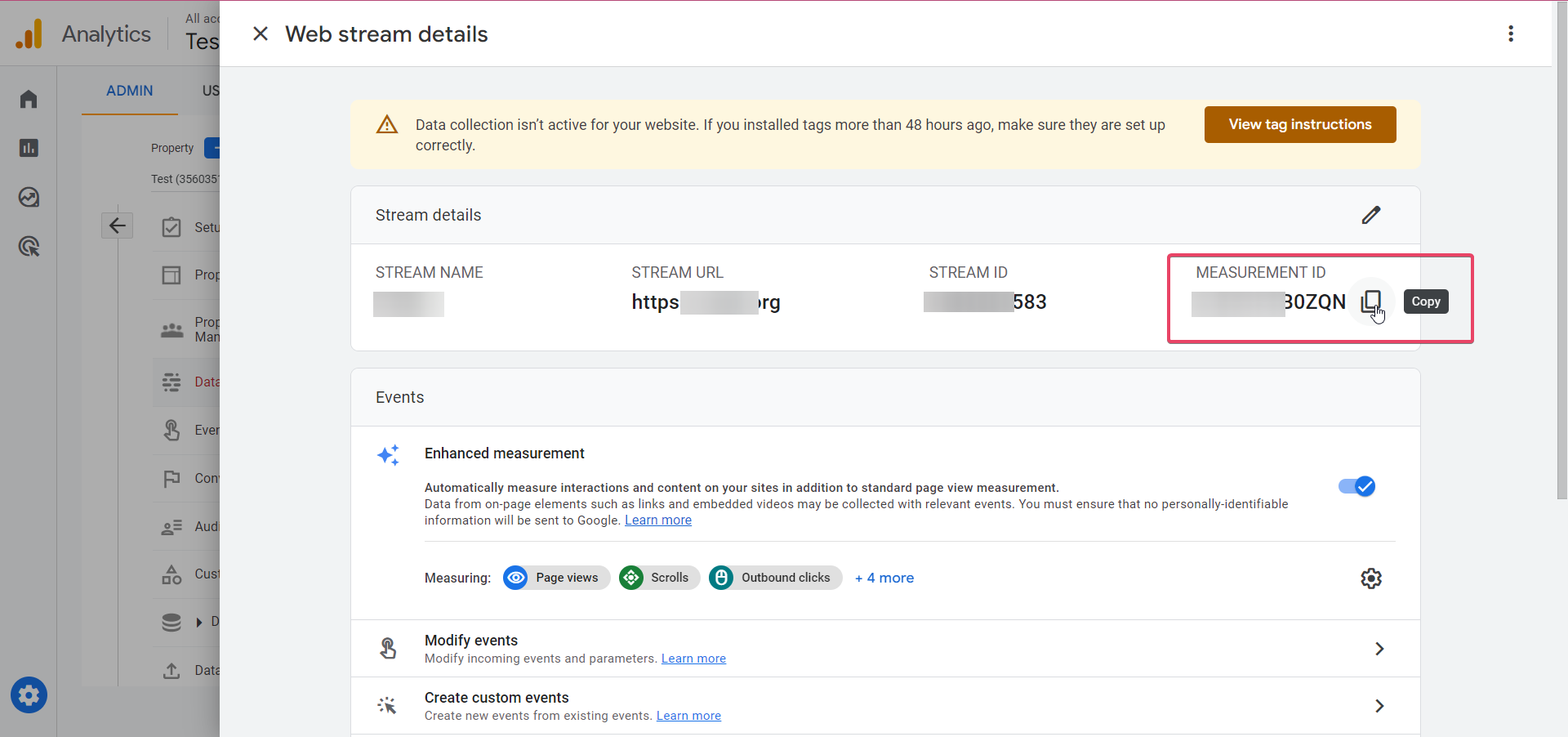 Copia dell'ID di misurazione da un flusso di dati di Google Analytics.