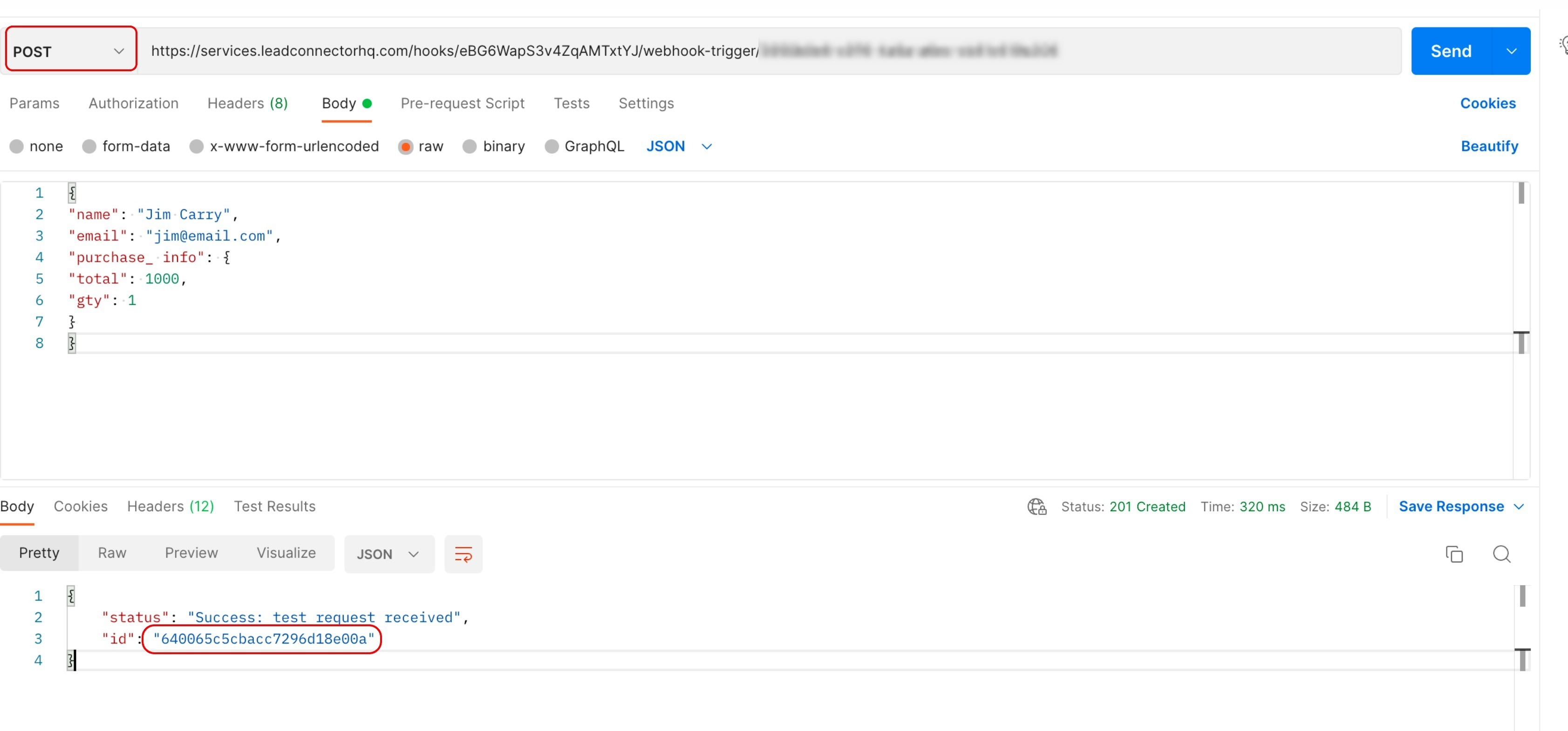 Invio di una richiesta HTTP al webhook e copia dell'ID di risposta.