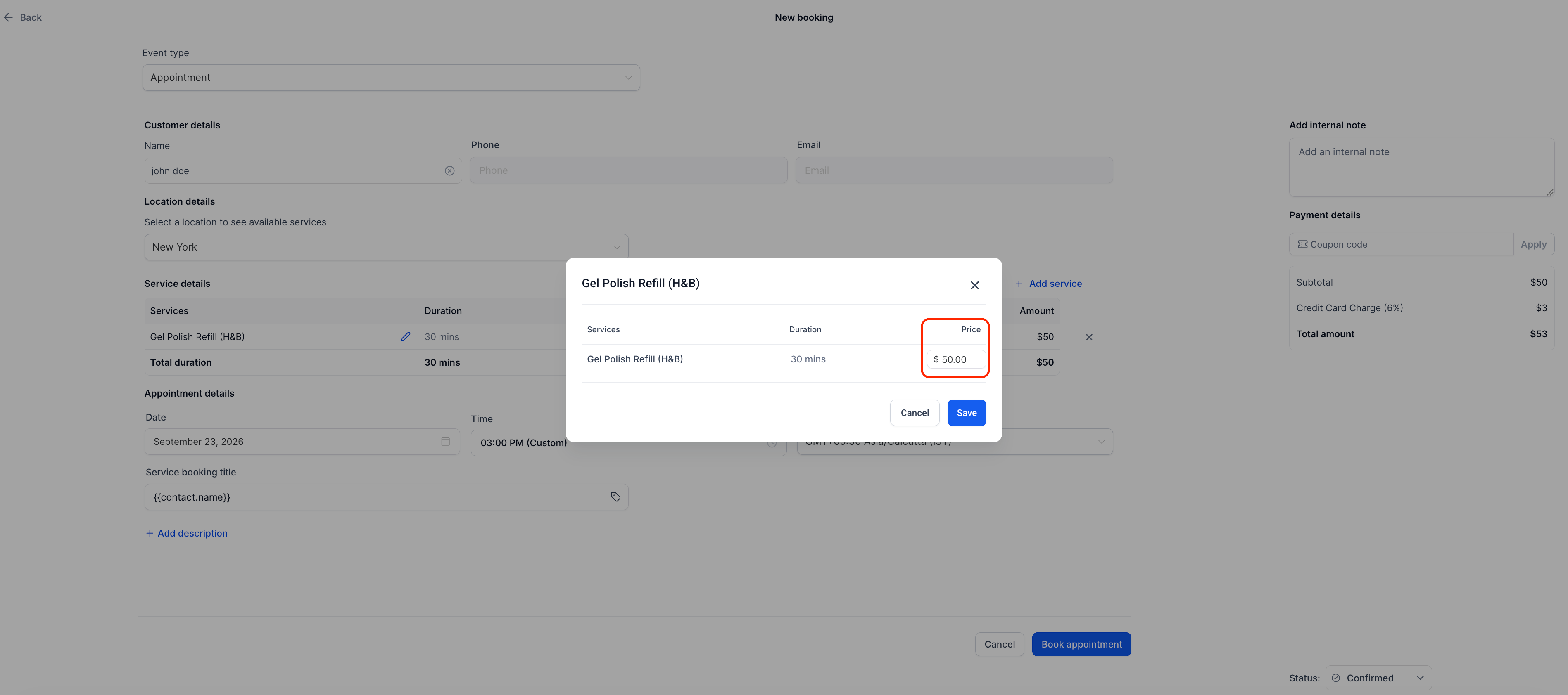 Modifica del prezzo di un servizio all'interno di un appuntamento su Futuria CRM.