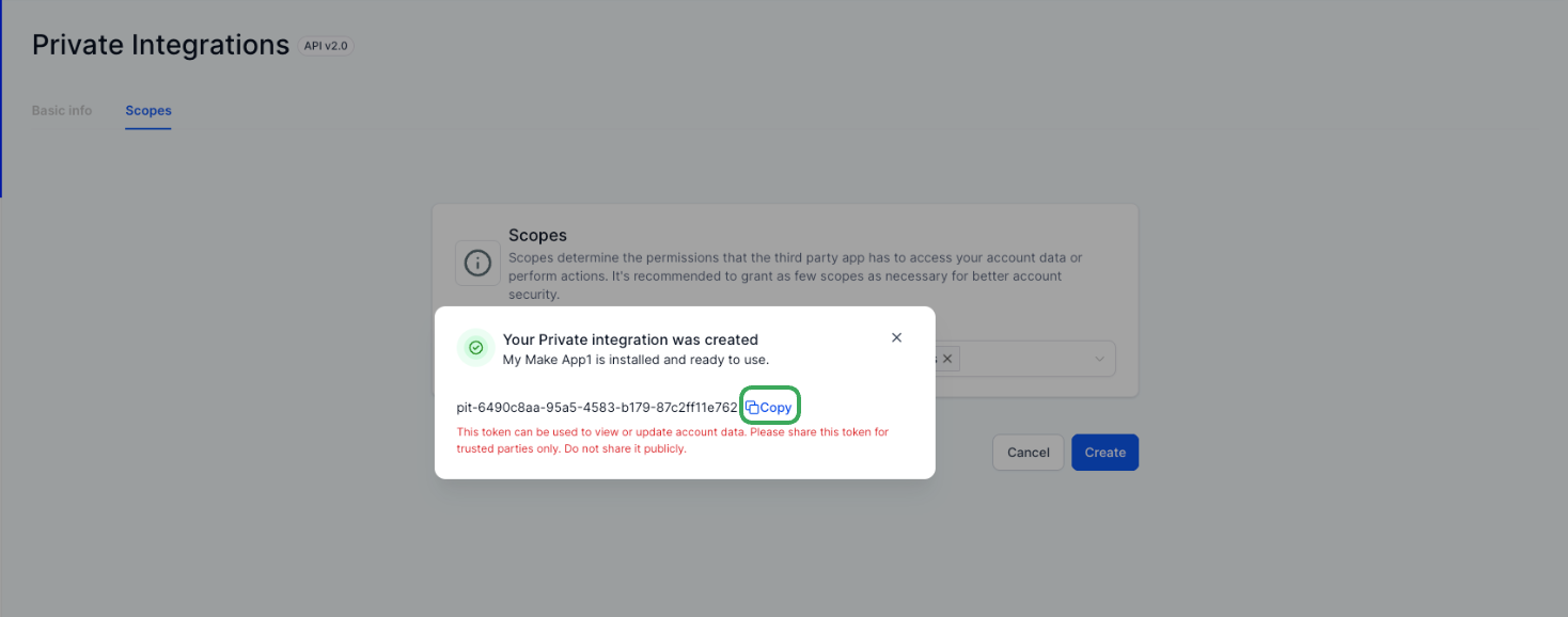 Token di integrazione privata generato e pronto per essere copiato.