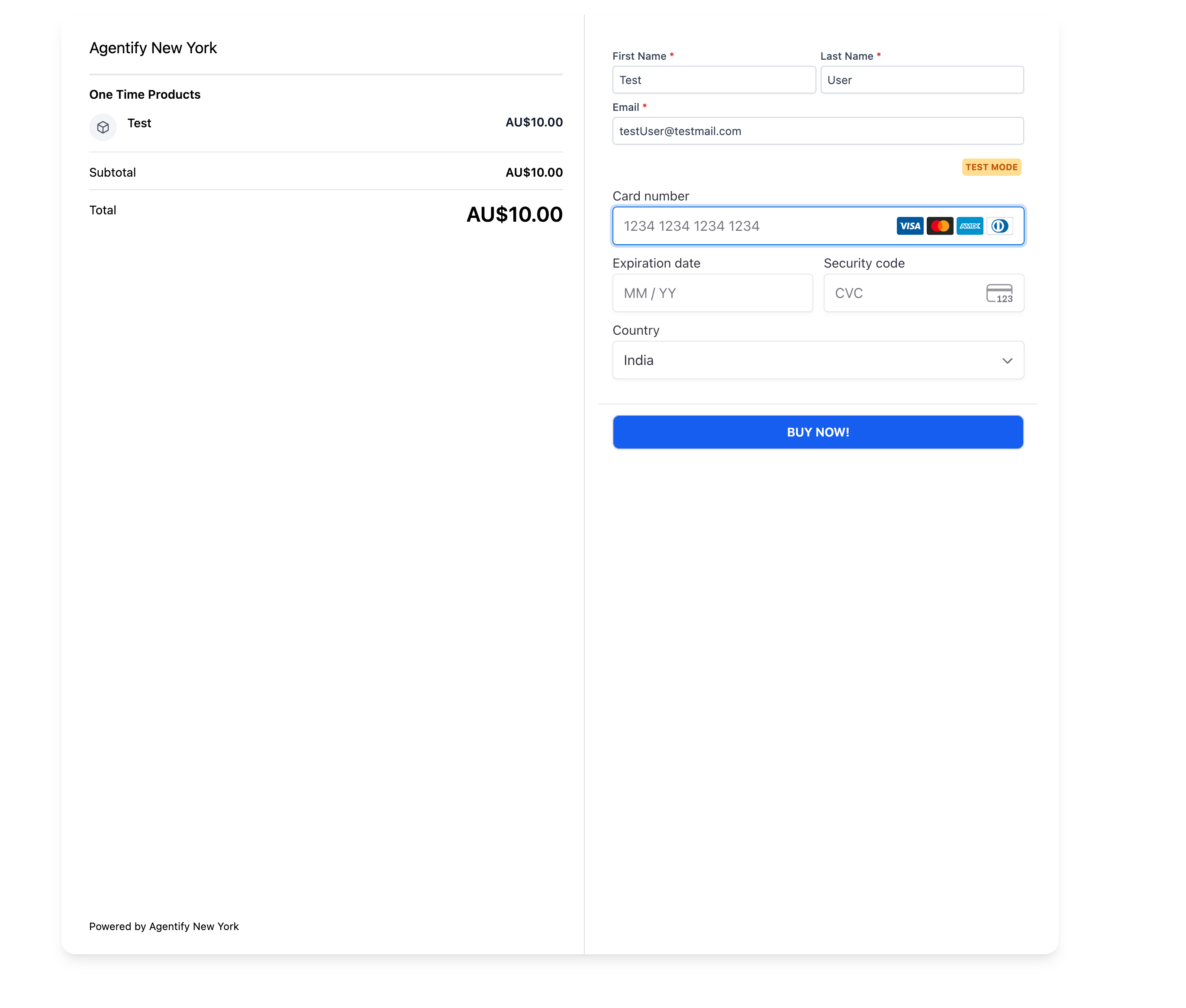 Esempio di una pagina di checkout con un pulsante personalizzato con il testo 'Assicurati il tuo posto' creato con Futuria CRM.