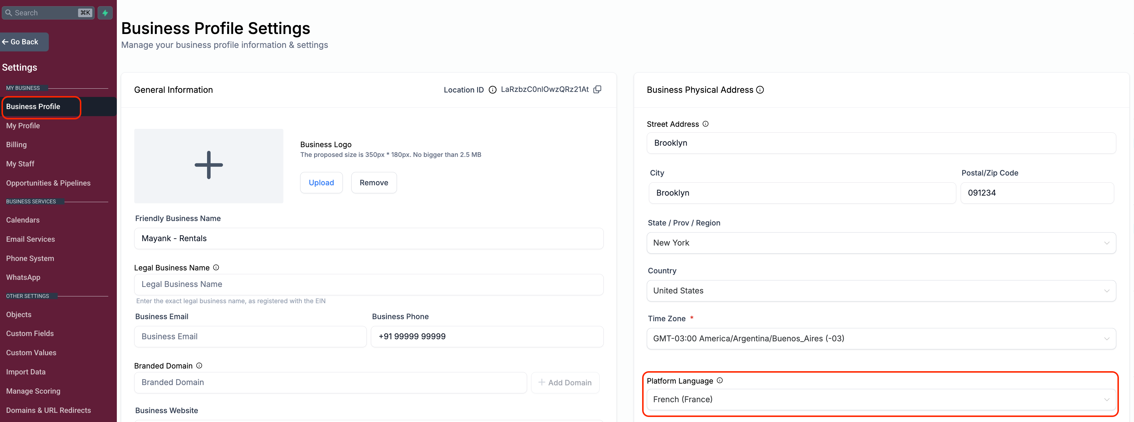 Impostazione della lingua della piattaforma nel profilo dell'attività su Futuria CRM.