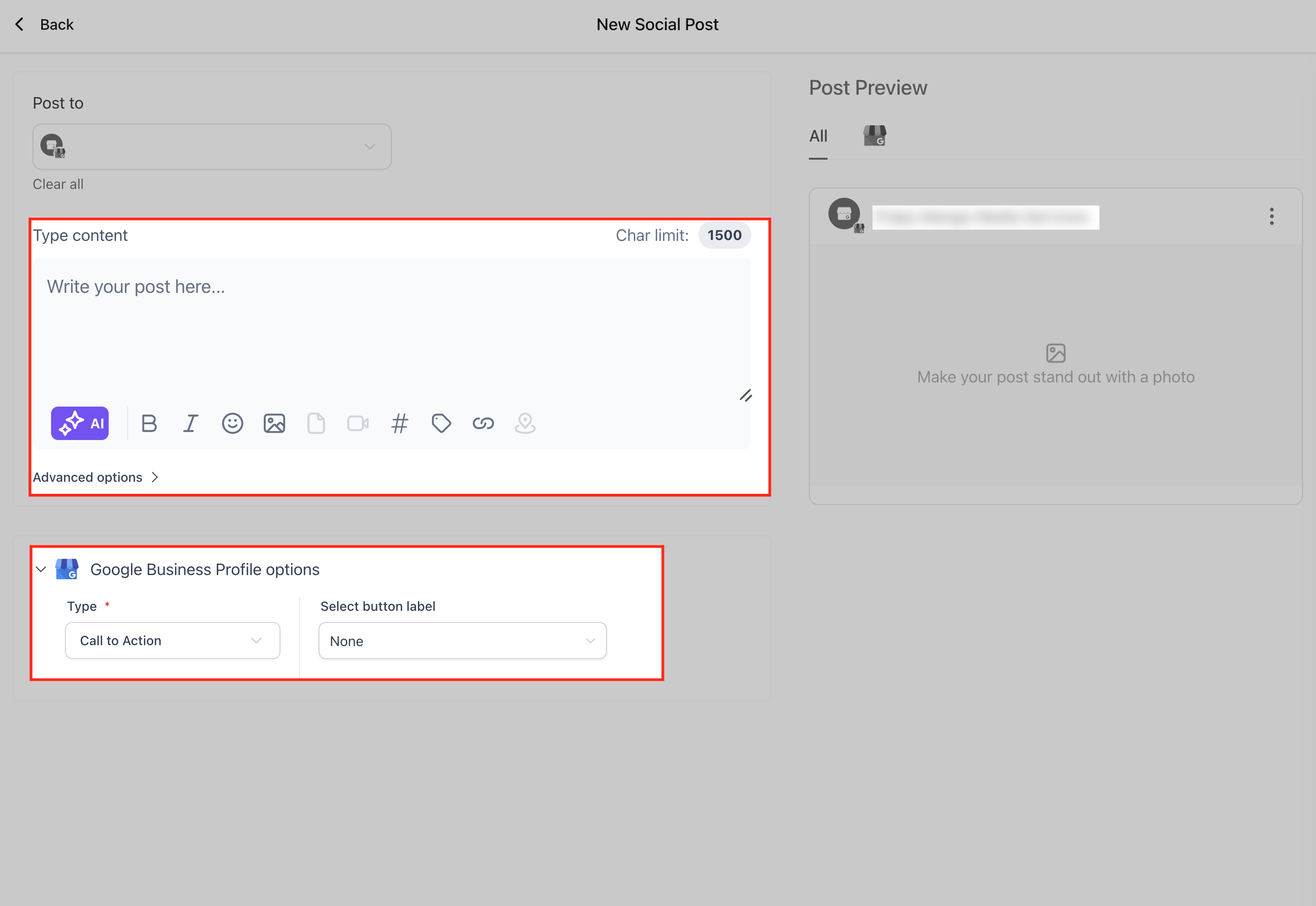Composizione di un post per Google Business Profile con opzioni per testo, immagine e tipo di post.