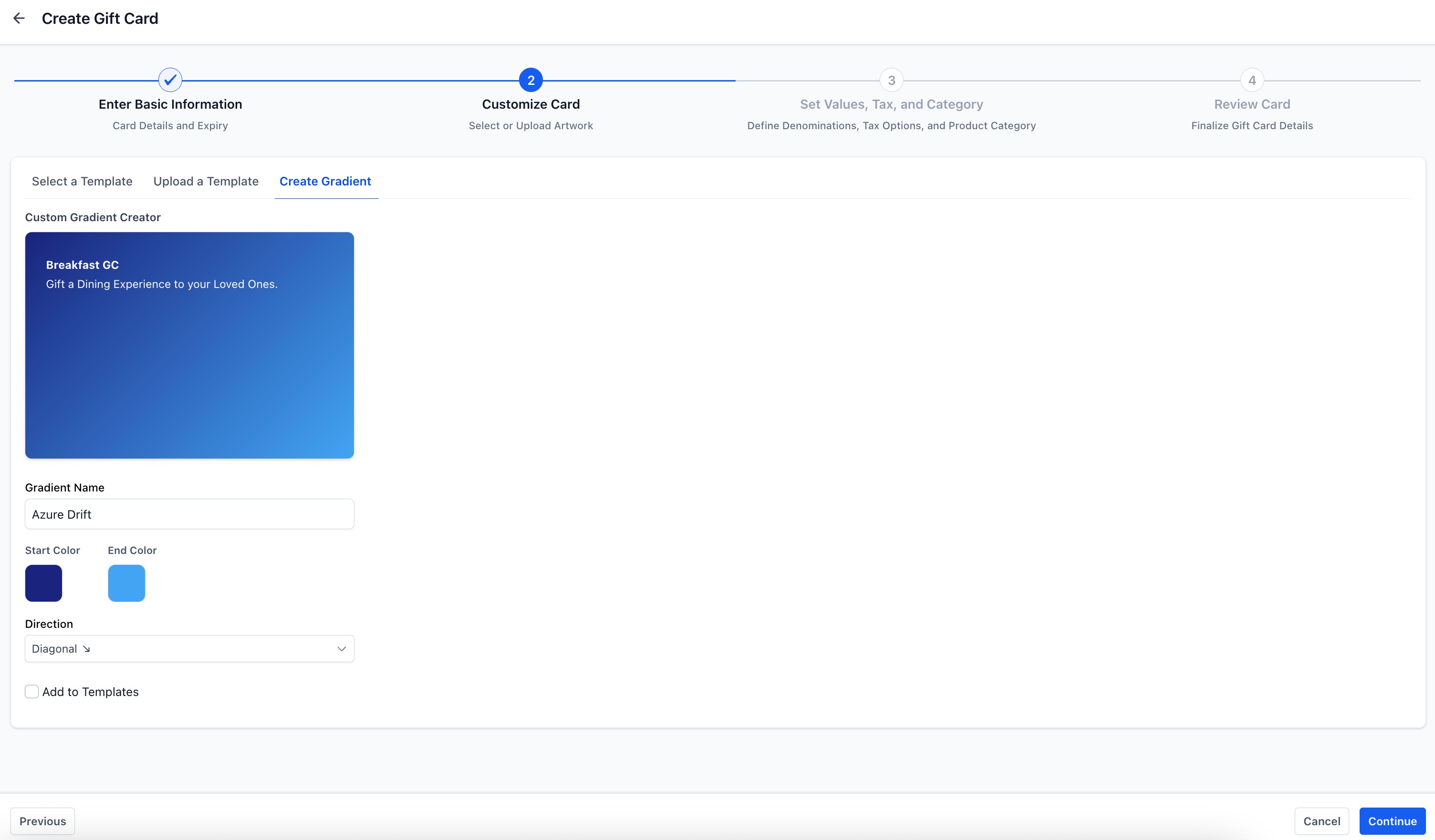Opzione per personalizzare una gift card con un gradiente di colori.