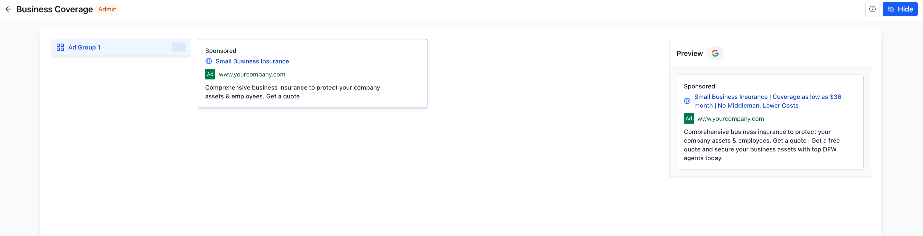 Esempio di anteprima di un annuncio per il feed di Facebook all'interno di Futuria CRM.