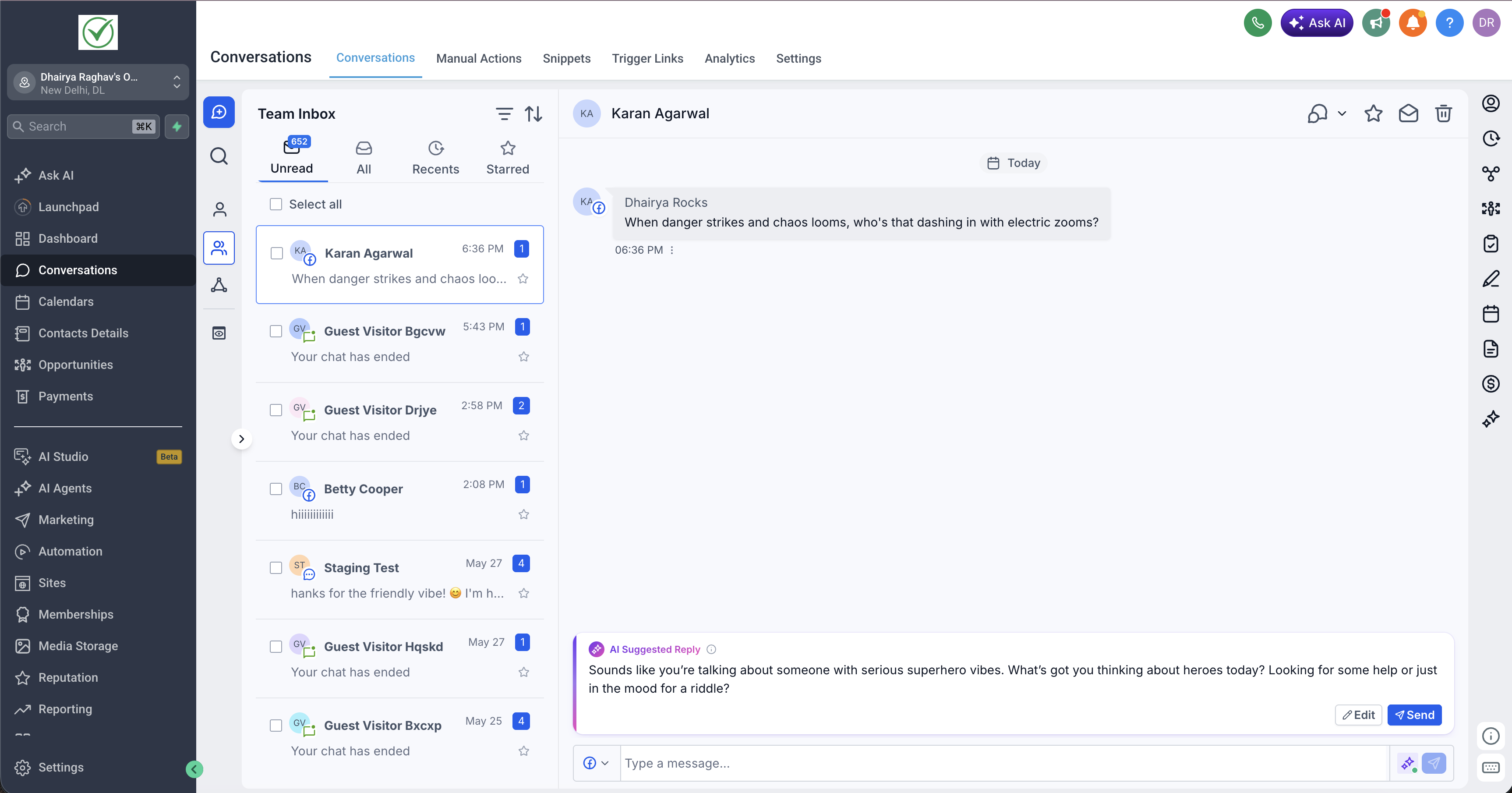 Schermata della nuova modalità di suggerimento automatico nelle conversazioni