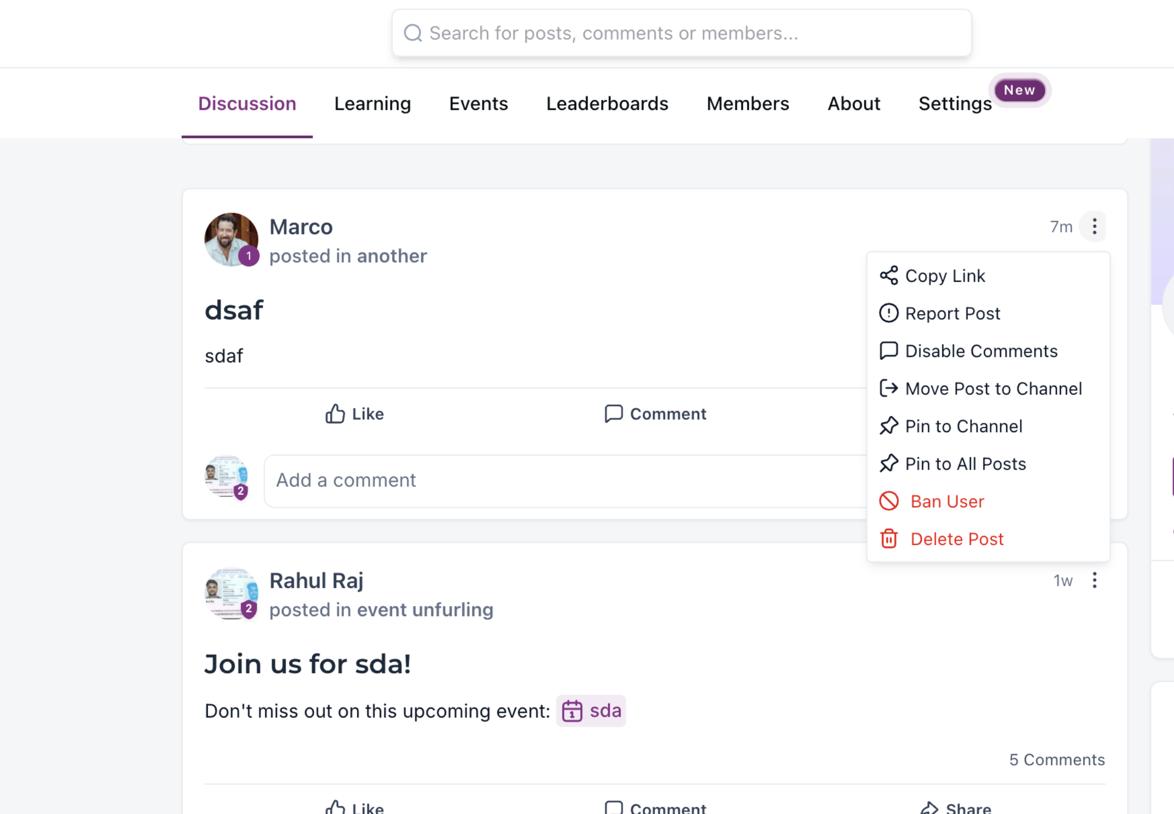 Opzione per bloccare un utente direttamente dal menu di un post nella community.