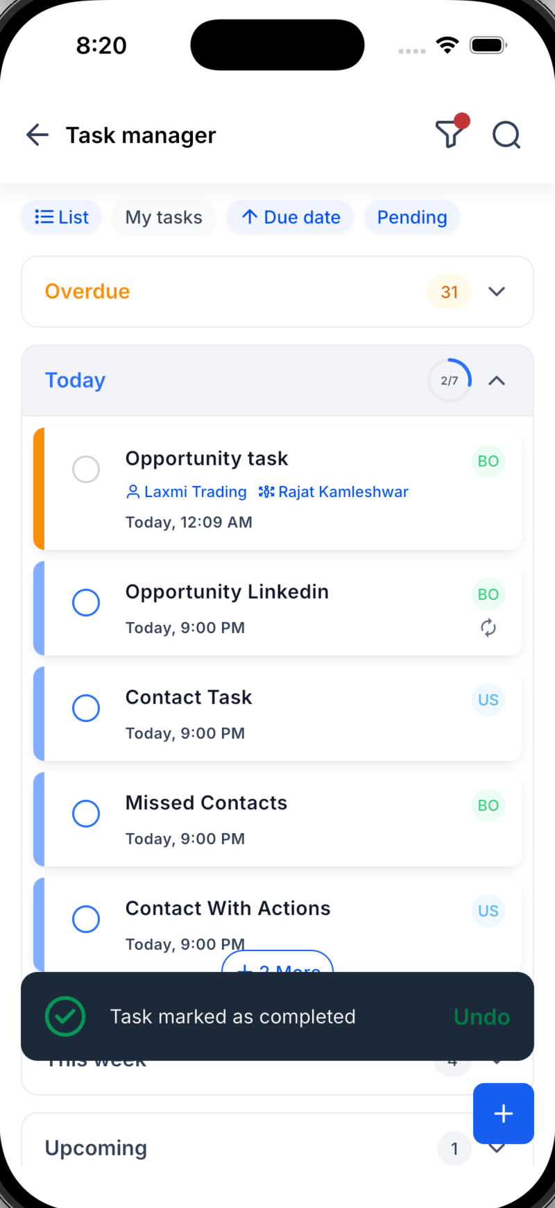 Vista a elenco del nuovo gestore attività sull'app mobile di Futuria CRM.