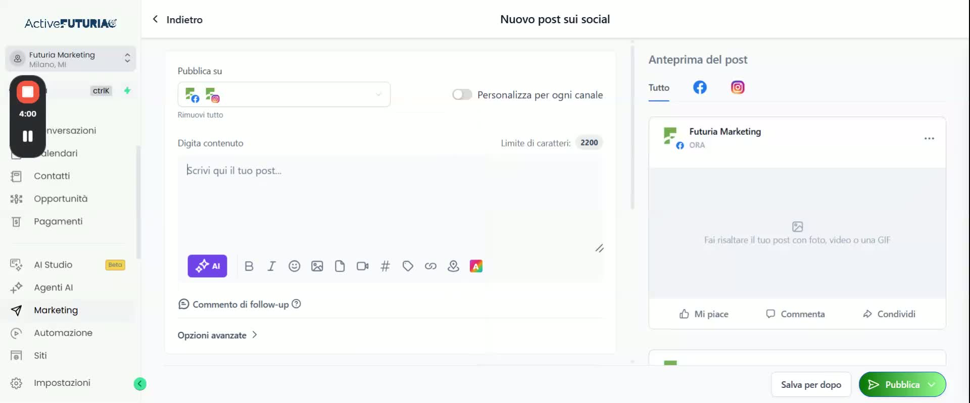 Editor copy con icona AI per generare testo