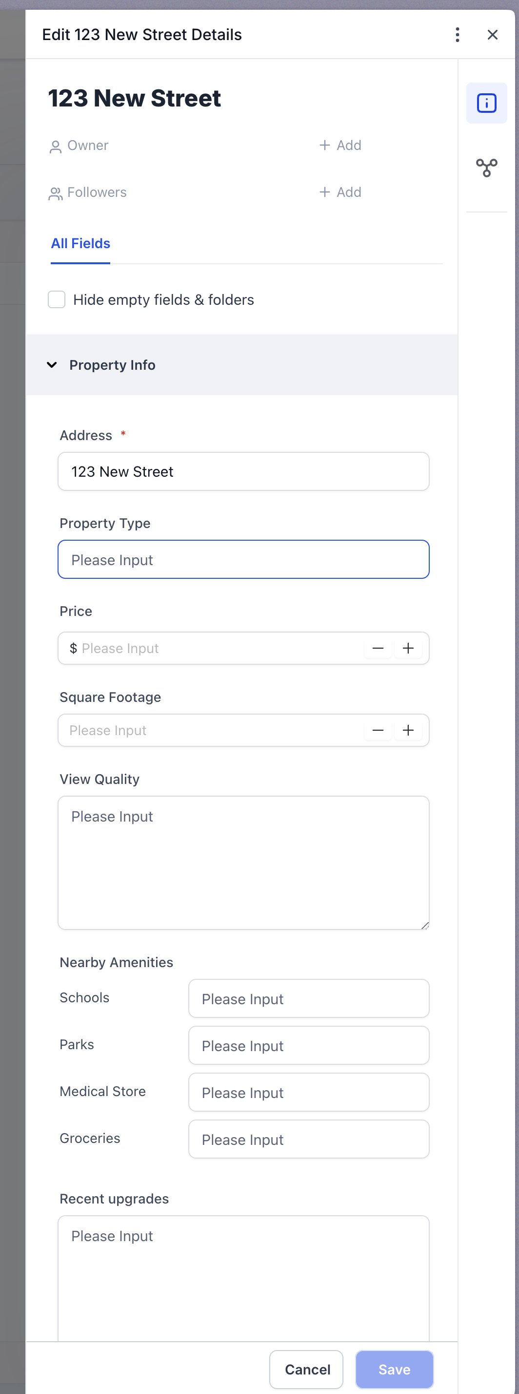 Dettaglio dei campi personalizzati per l'oggetto 'Proprietà' in Futuria CRM.