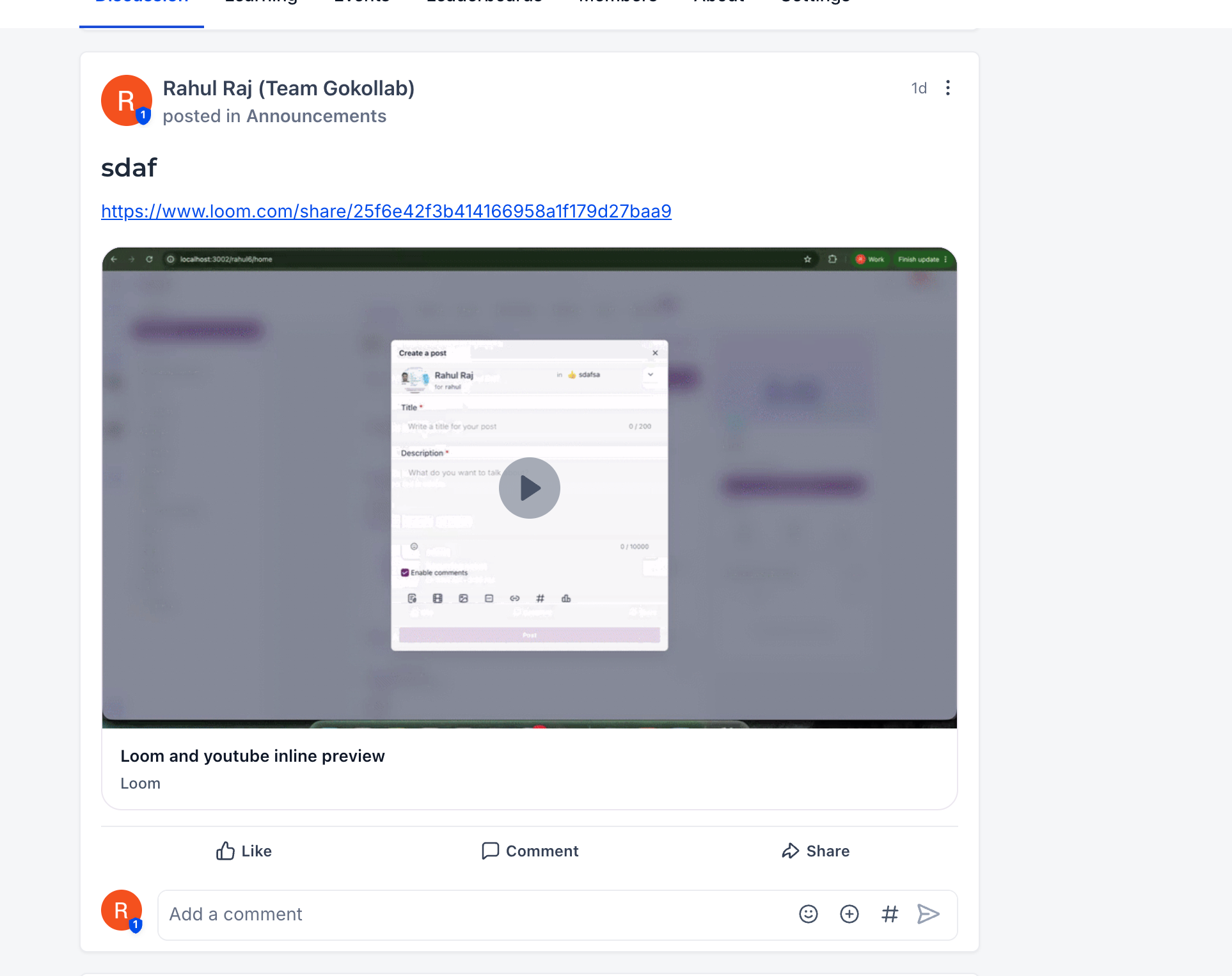 Anteprima di un video YouTube in un post della community di Futuria CRM.