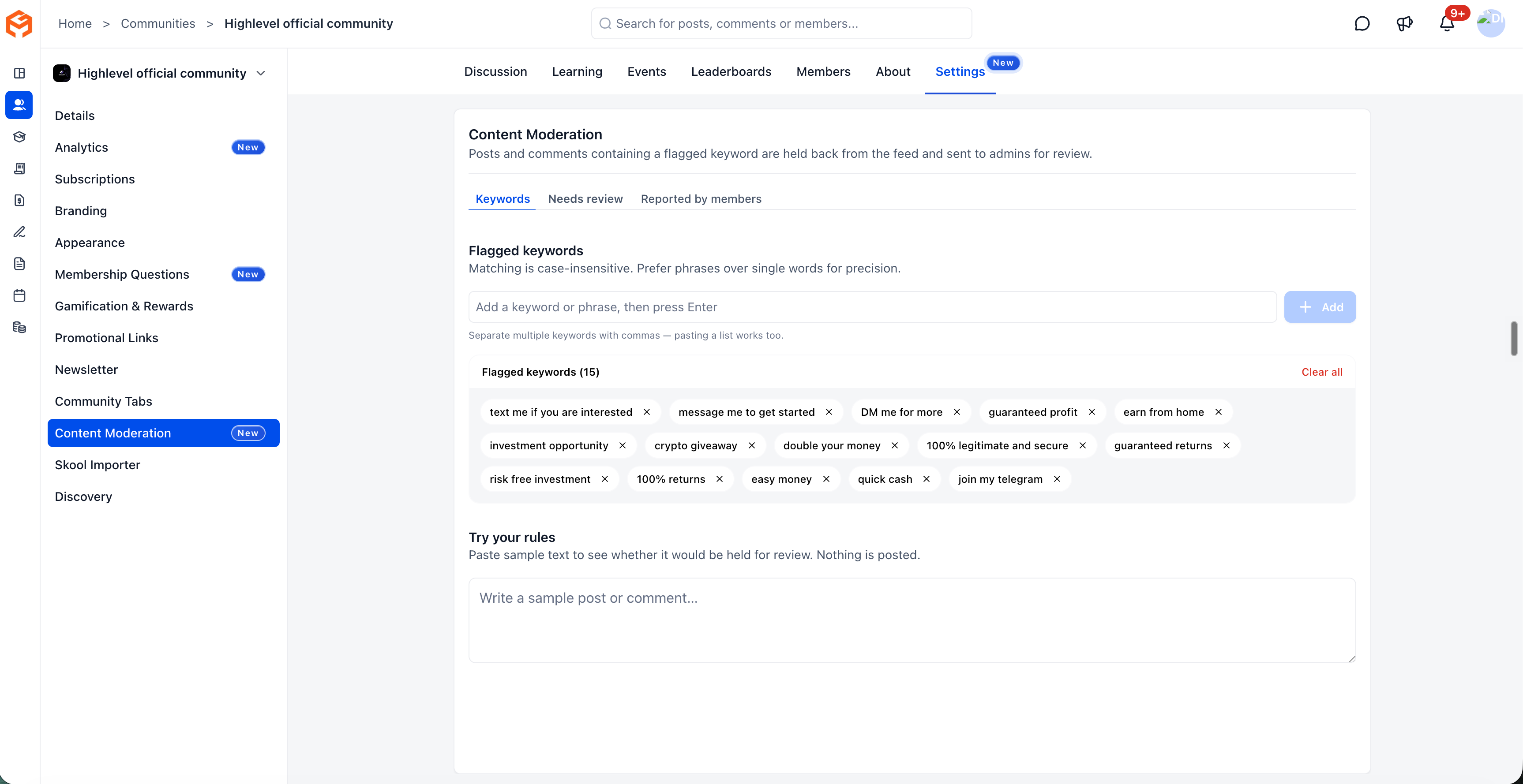 Strumento 'Prova le tue regole' per testare le parole chiave di moderazione in Futuria CRM.