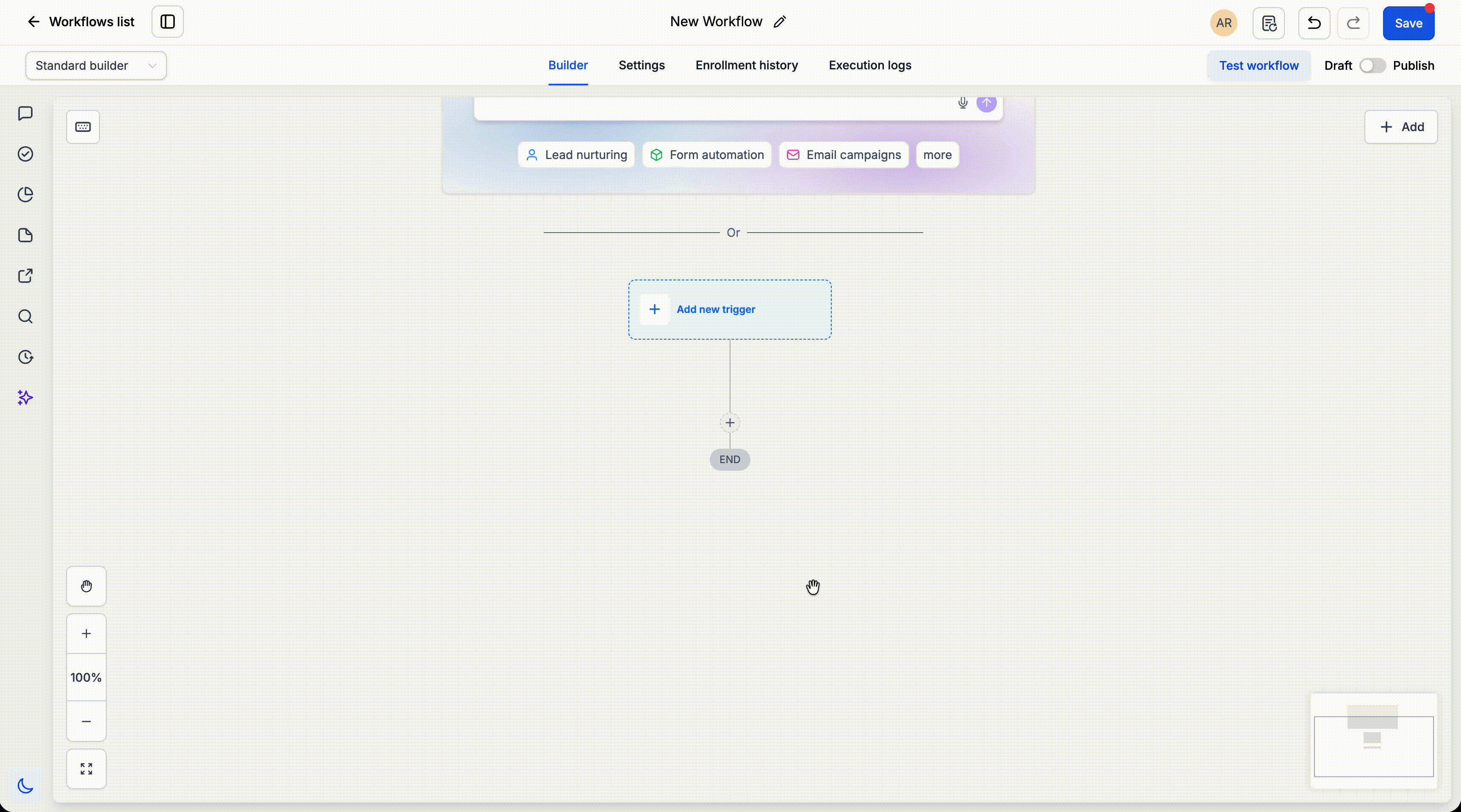 Animazione che mostra come aggiungere il trigger 'Risposta utente' a un workflow in Futuria CRM.