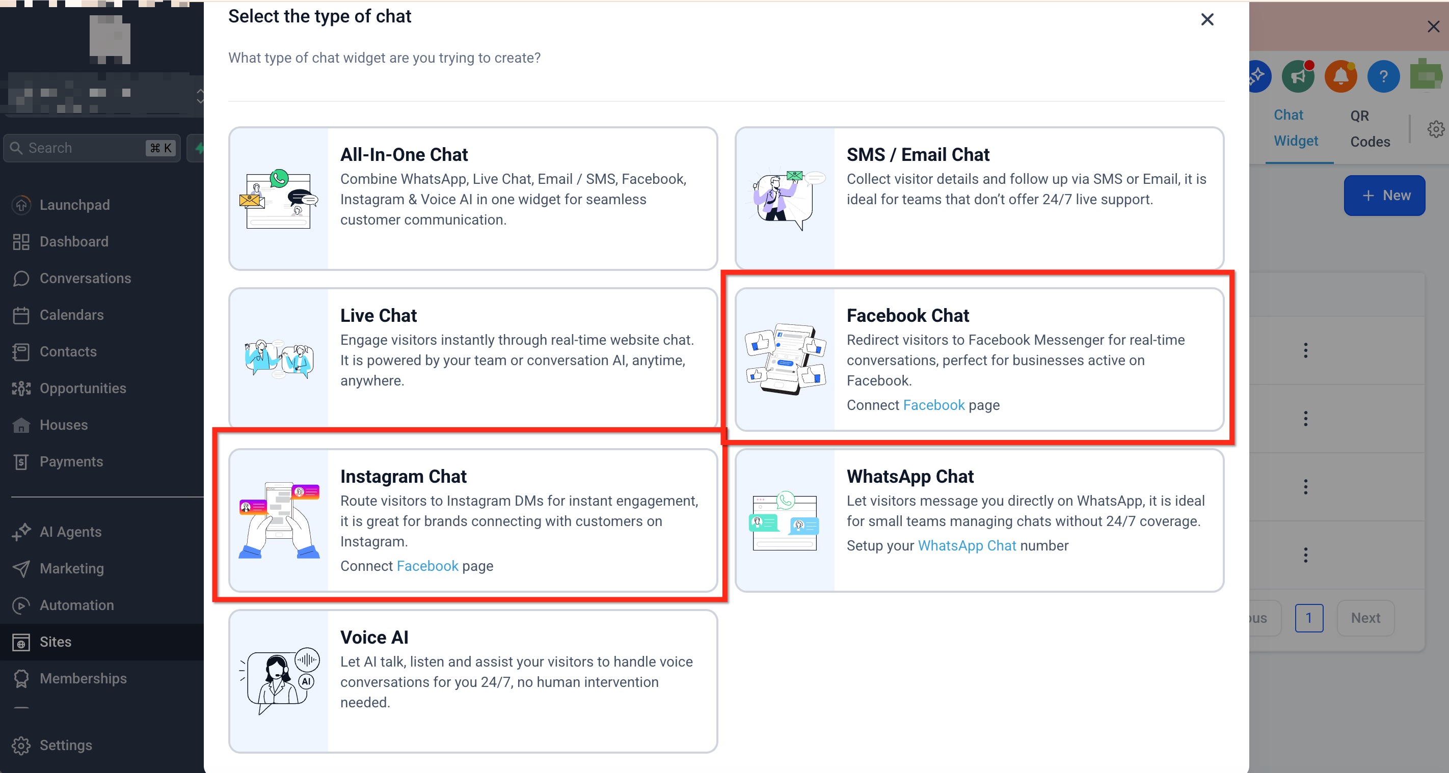Selezione del tipo di chat tra Facebook e Instagram