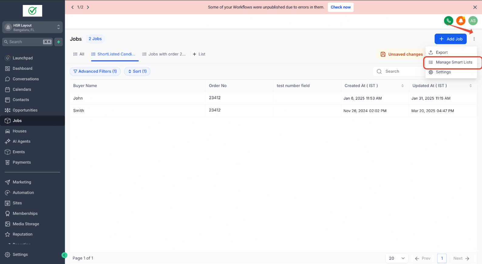 Menu per accedere alla gestione delle liste intelligenti.