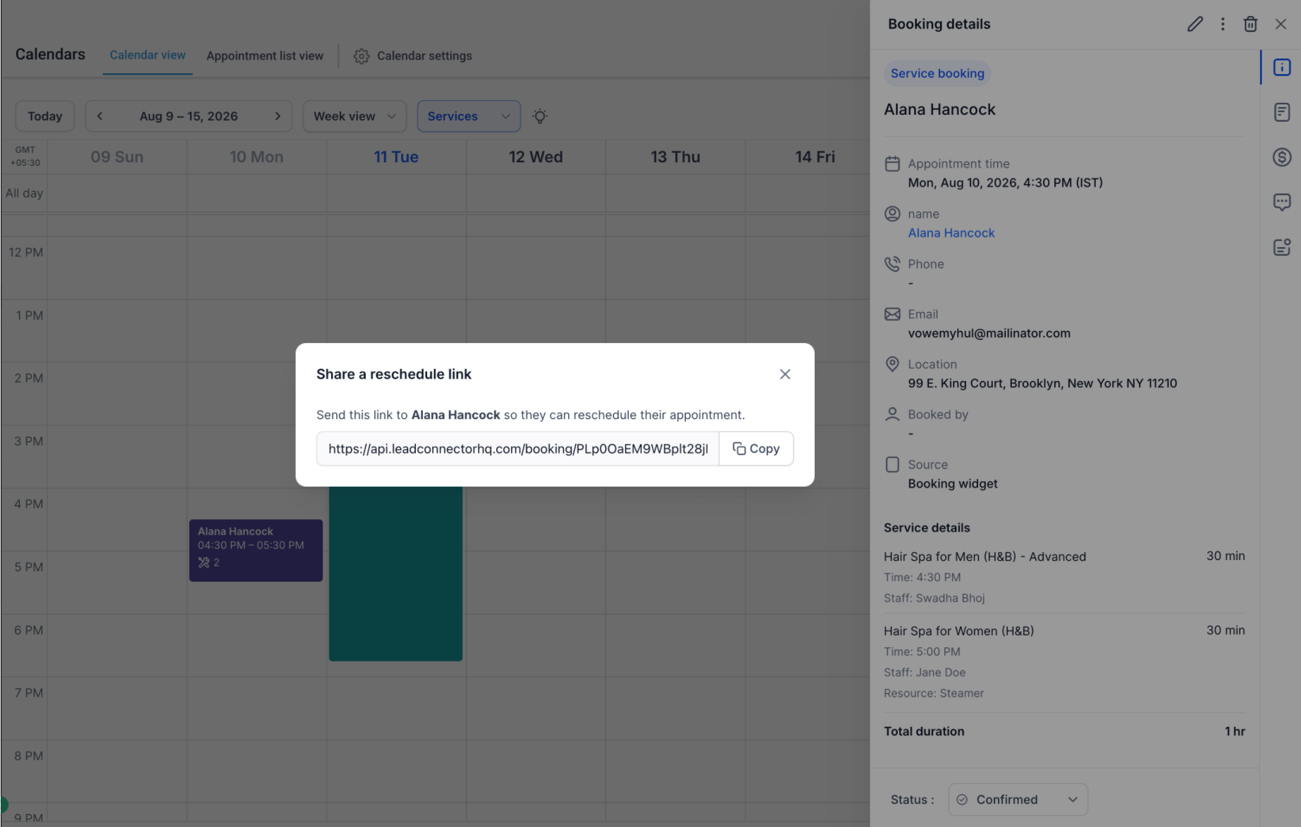 Finestra di dialogo in Futuria CRM che mostra il link di riprogrammazione generato e il pulsante per copiarlo.
