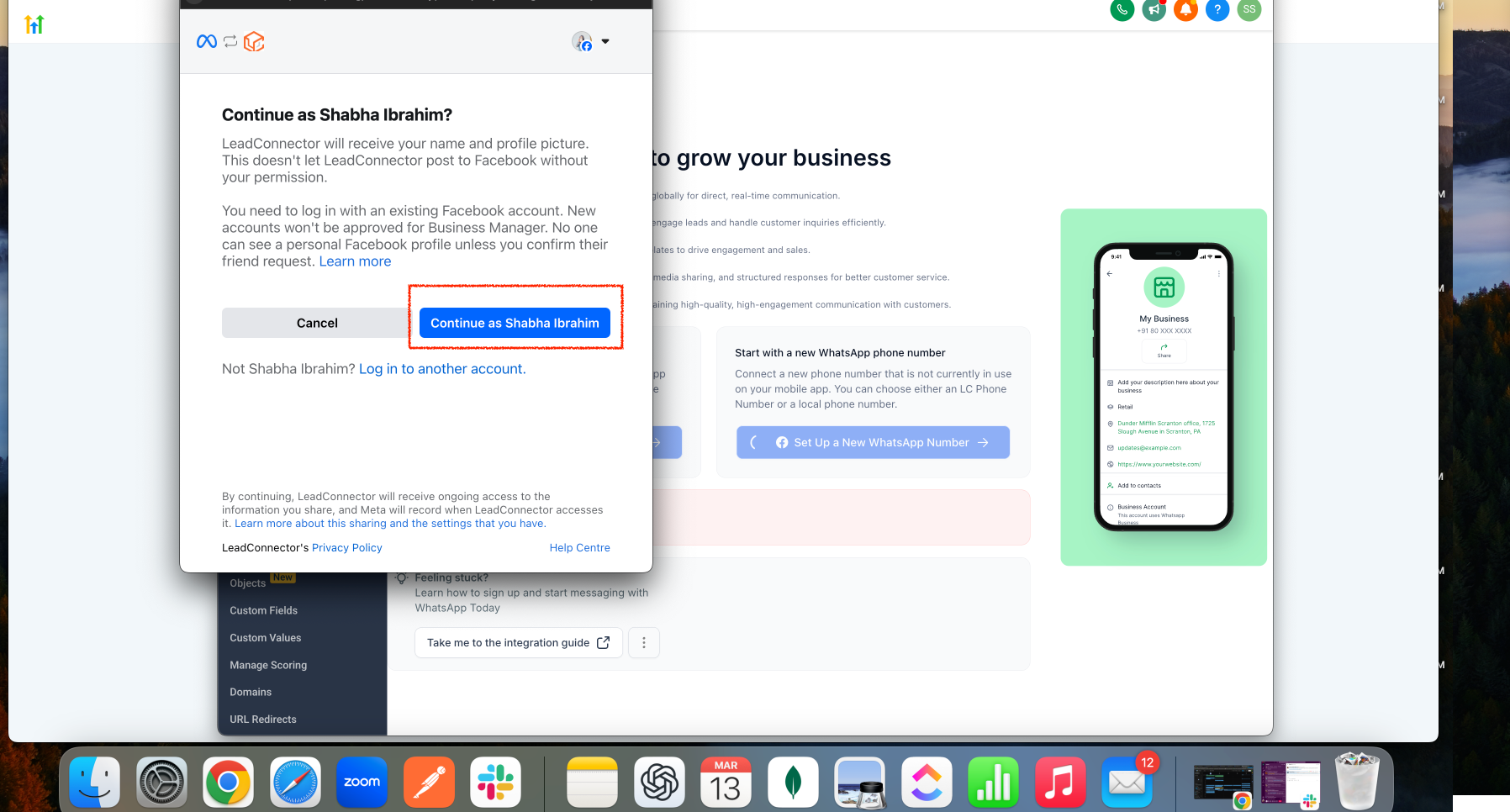Finestra di dialogo per continuare la configurazione di WhatsApp con un account Facebook.
