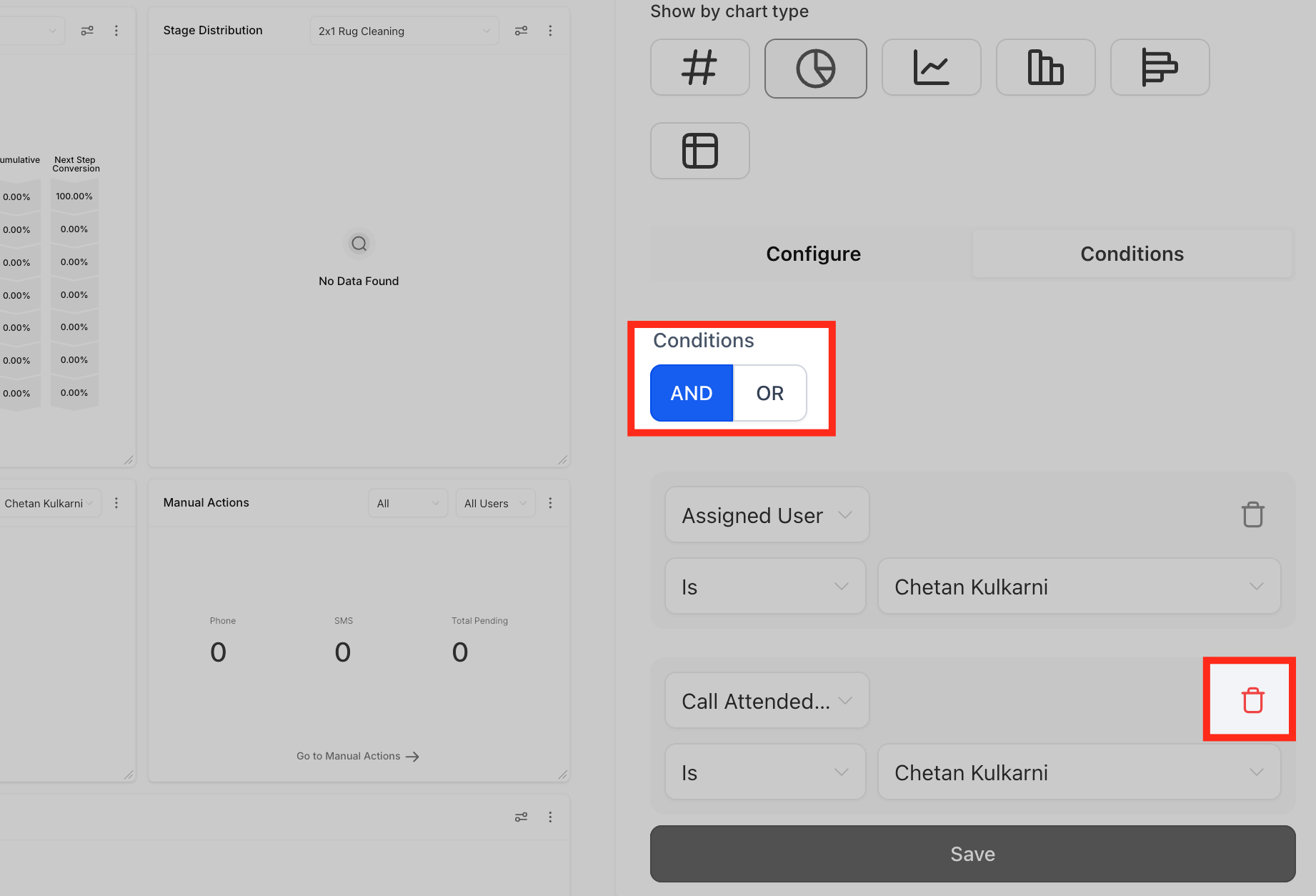 Gestione di filtri multipli con condizioni AND/OR in un widget.