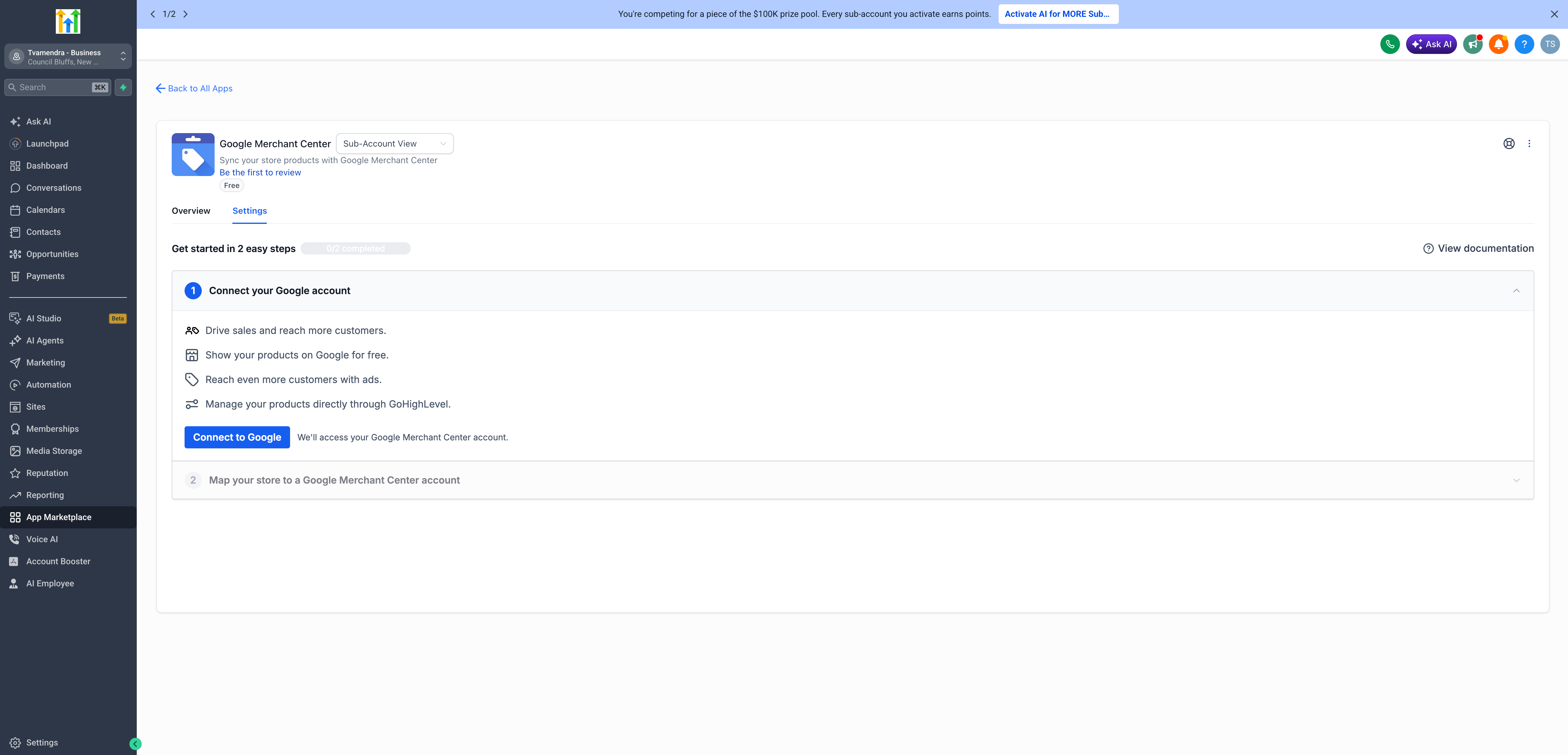 Schermata di collegamento dell'account Google per l'integrazione con Merchant Center