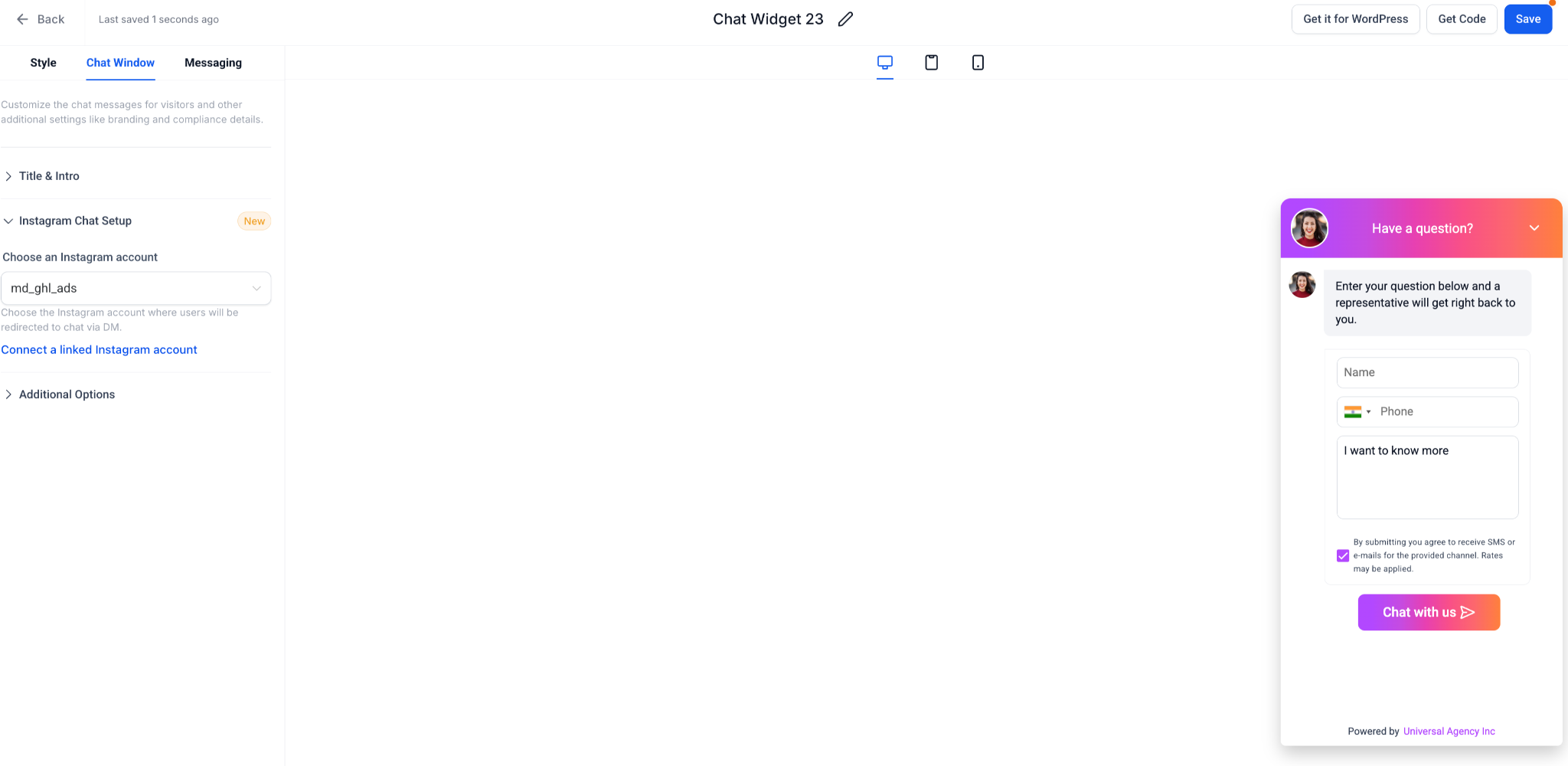 Personalizzazione delle impostazioni del widget di chat