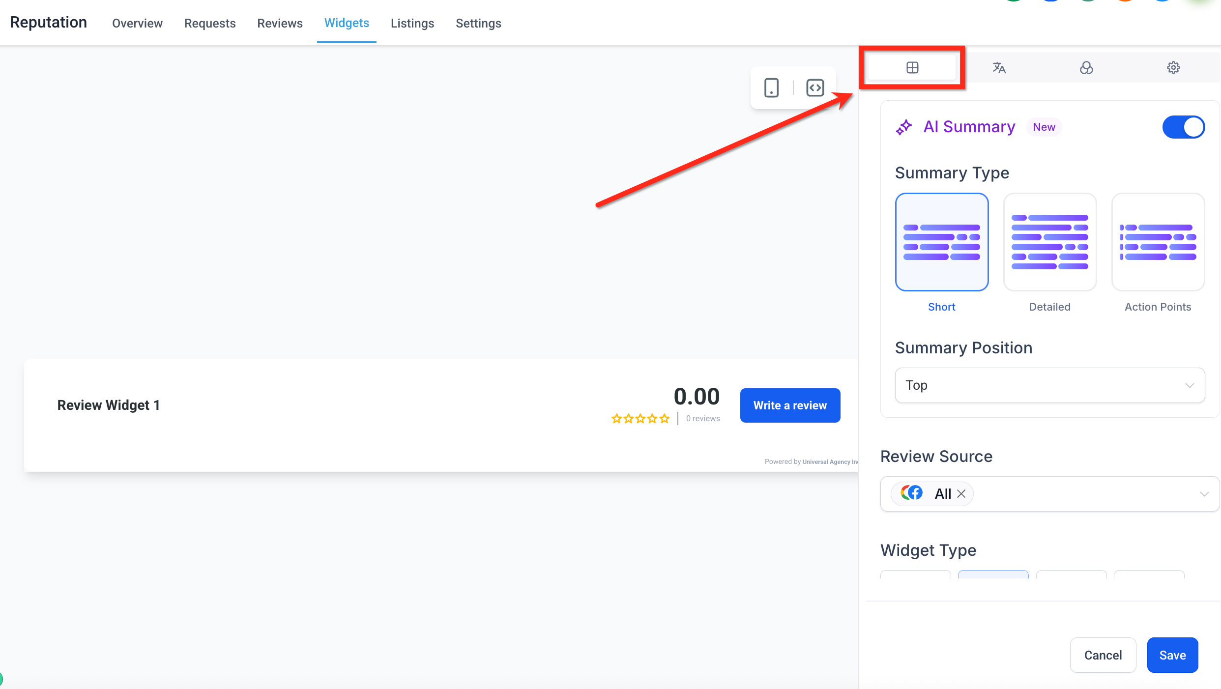 Scheda Layout per la configurazione della struttura del widget delle recensioni.