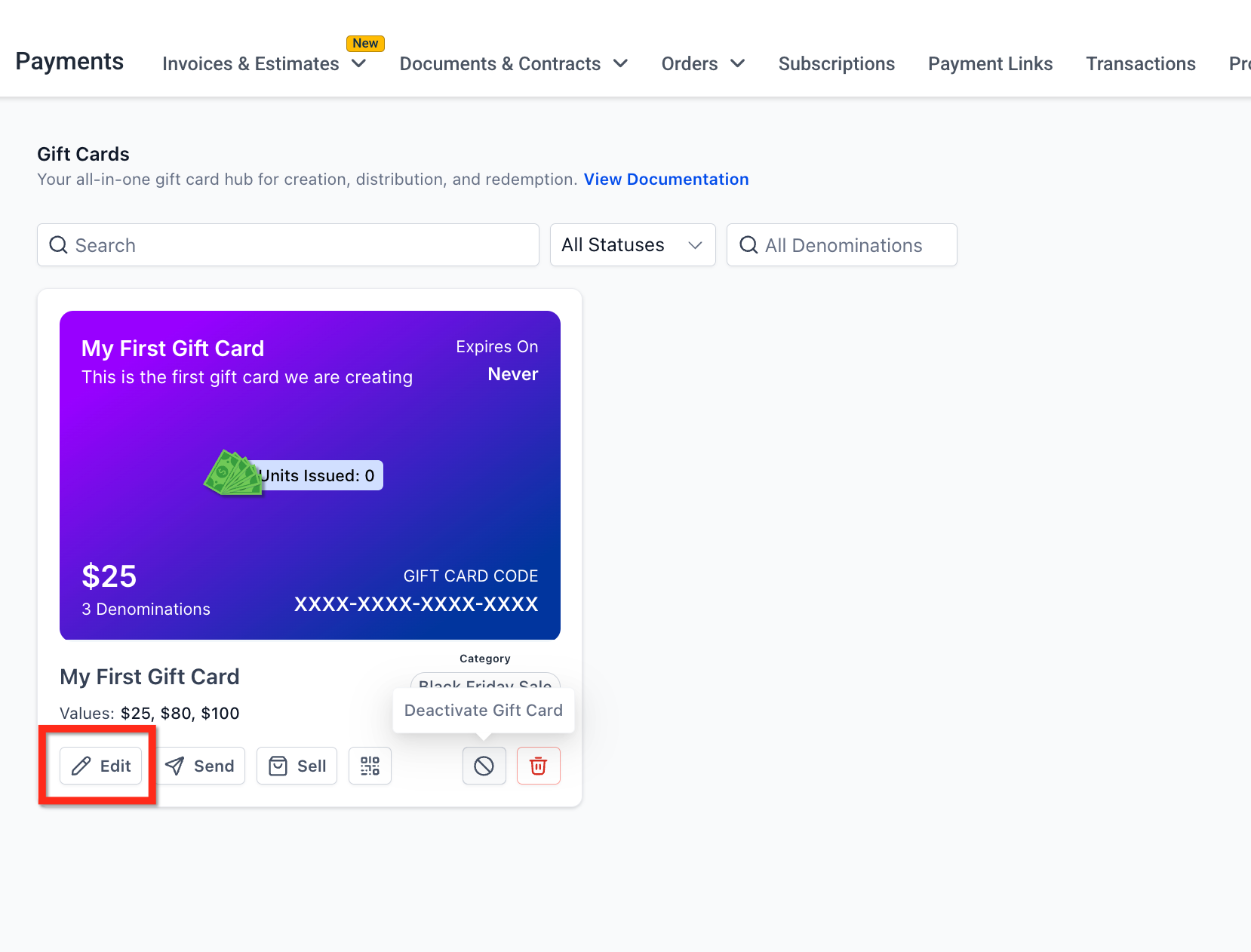 Opzione 'Modifica' per un prodotto gift card esistente.