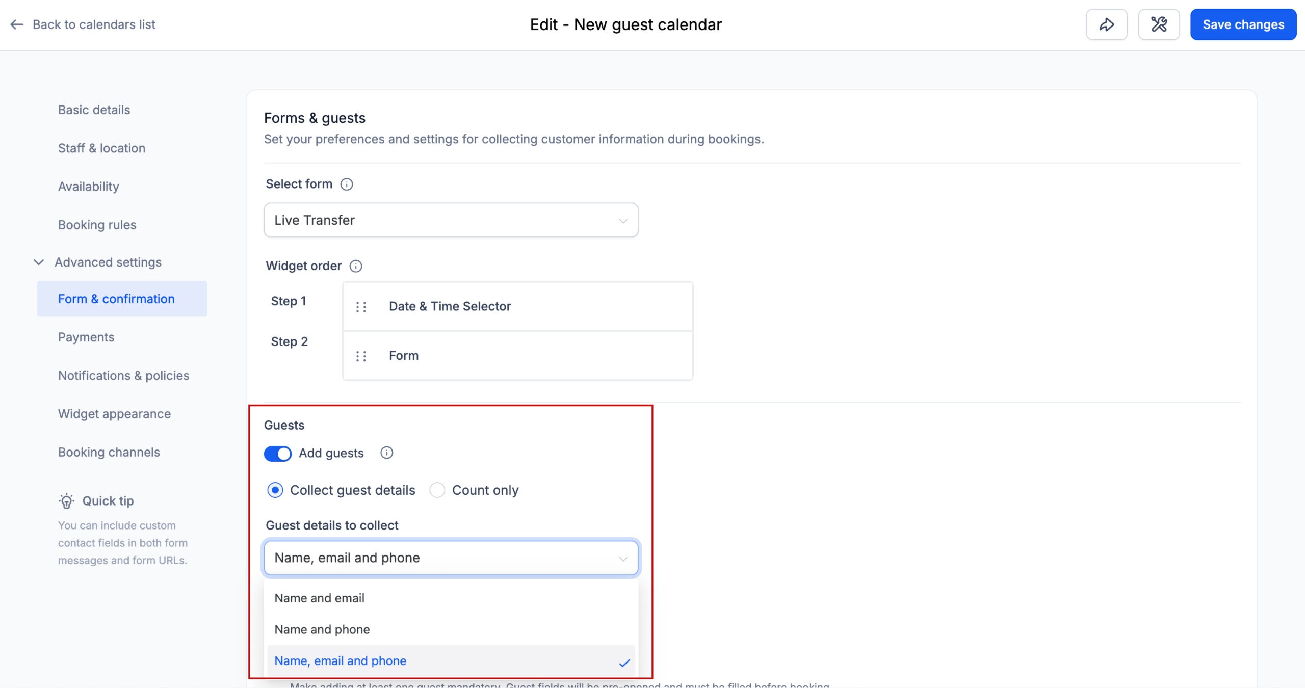 Schermata delle impostazioni di un calendario in Futuria CRM che mostra le nuove opzioni per la raccolta dei dati degli ospiti.