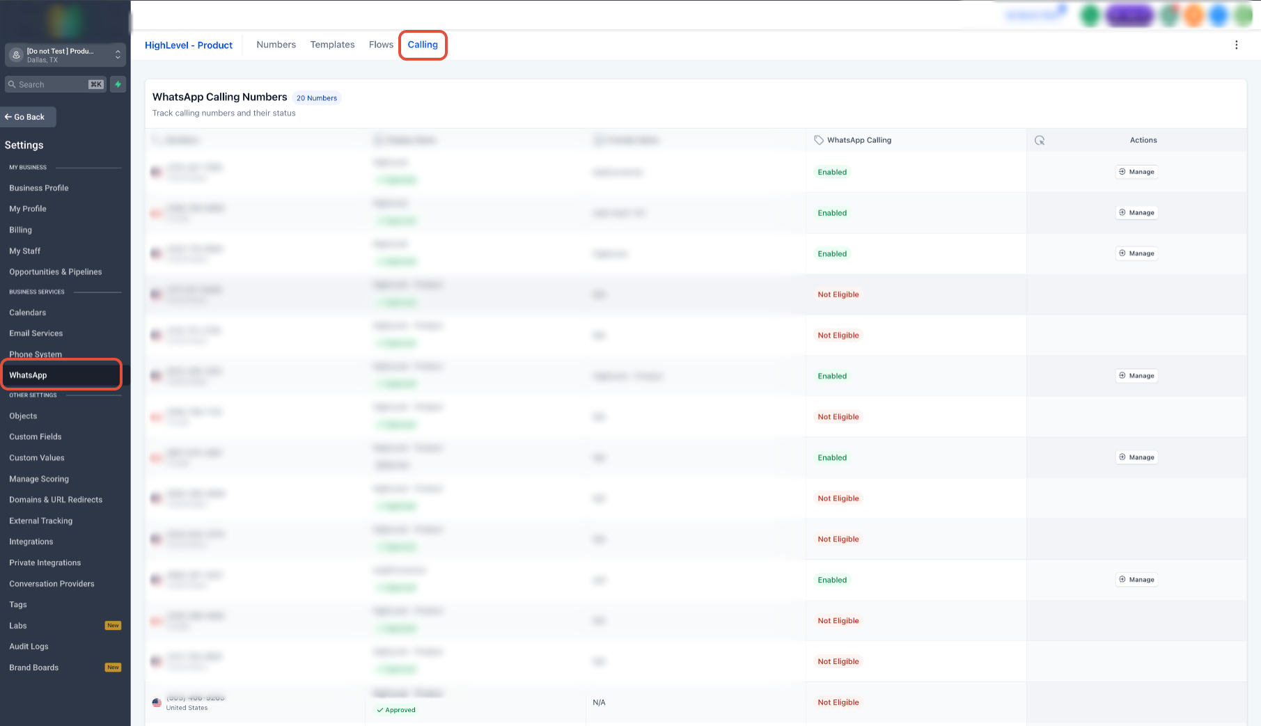 Schermata delle impostazioni di WhatsApp in Futuria CRM.