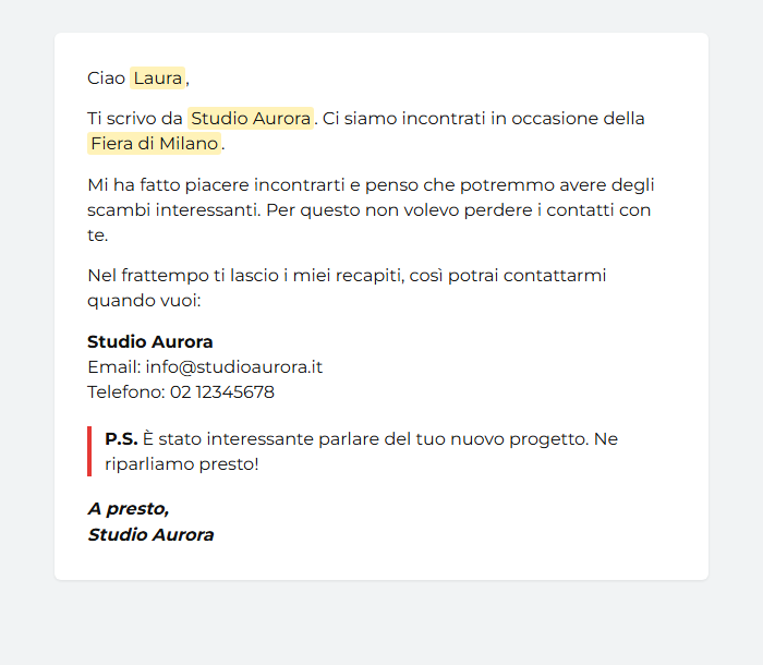 Esempio di email di follow-up personalizzata con nome, azienda, occasione dell’incontro e nota personale