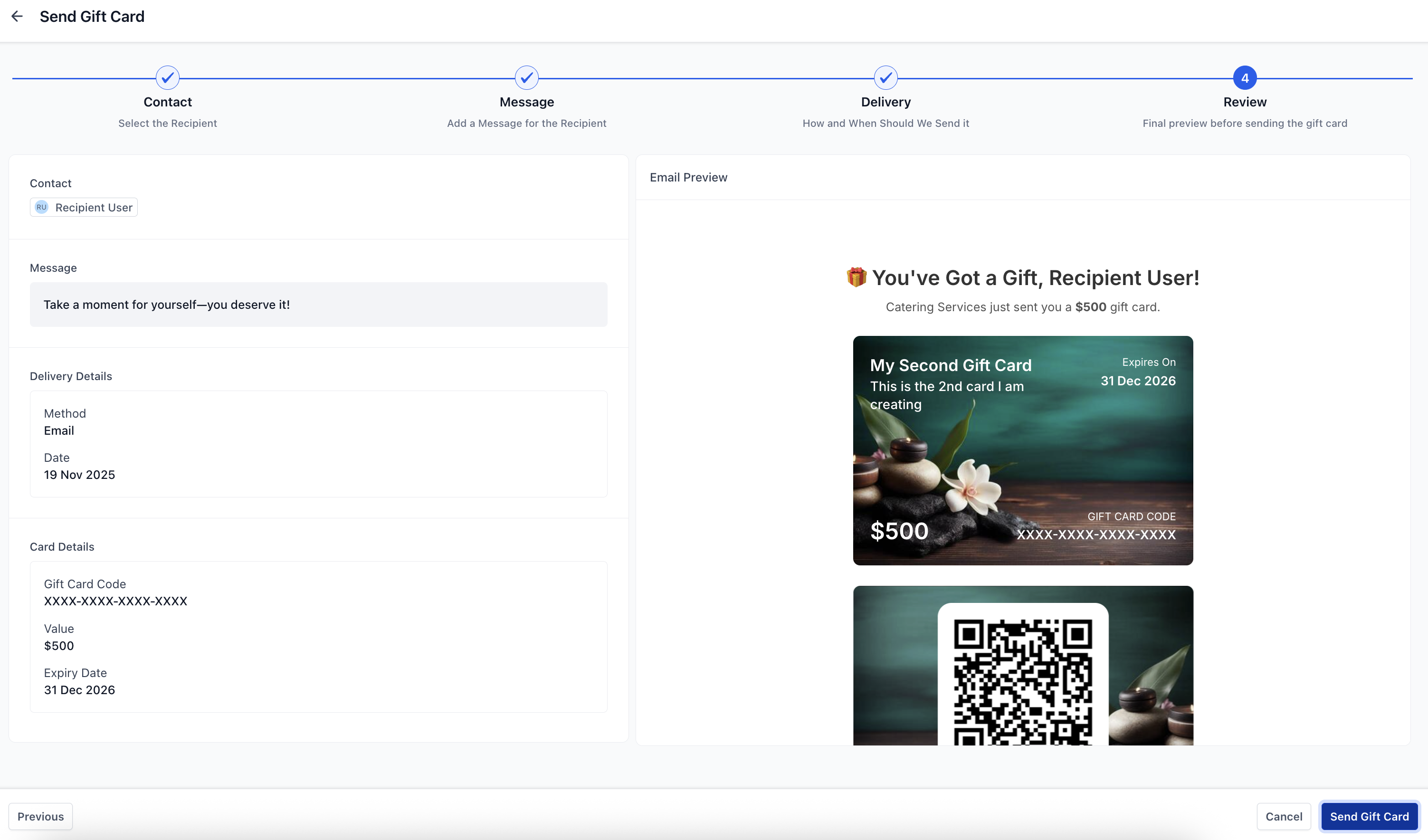 Riepilogo e anteprima prima di inviare la gift card gratuita.
