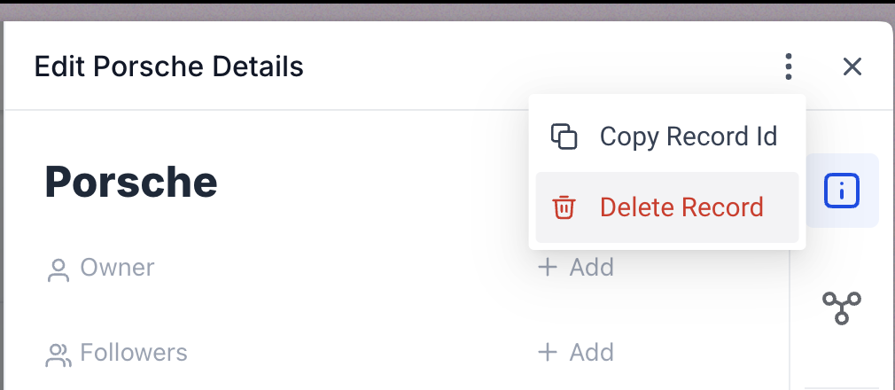 Opzione per eliminare un record di oggetto personalizzato dal menu.