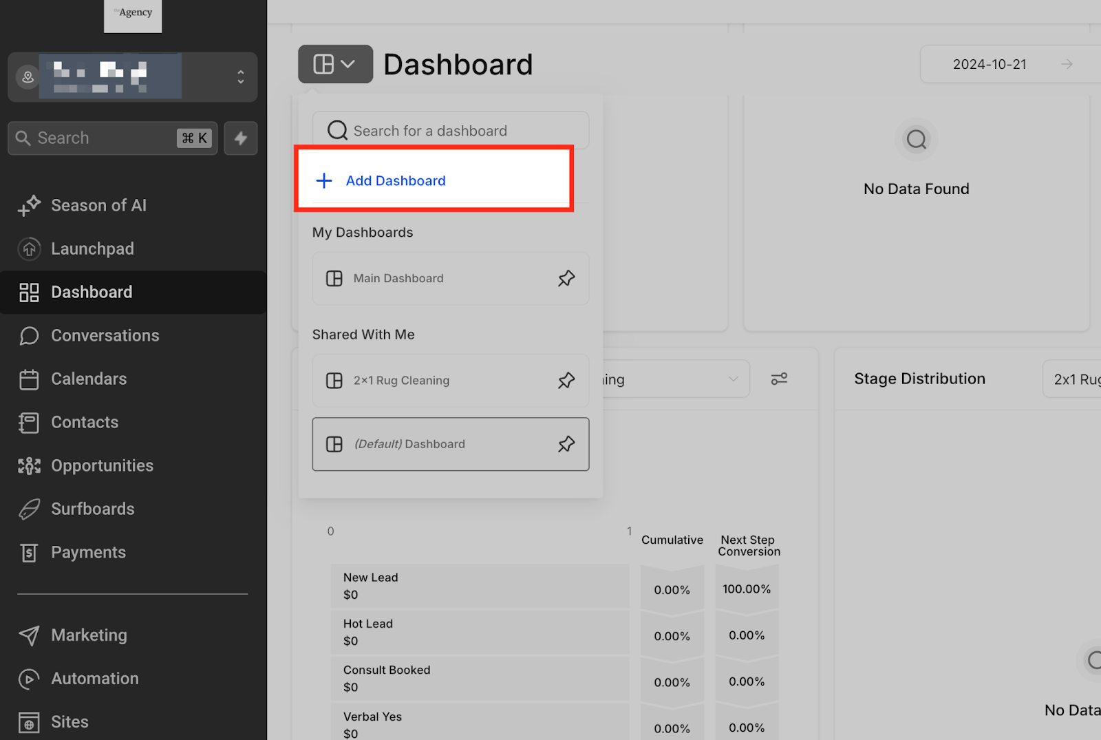 Pulsante 'Aggiungi Dashboard' evidenziato nella dashboard di Futuria CRM.