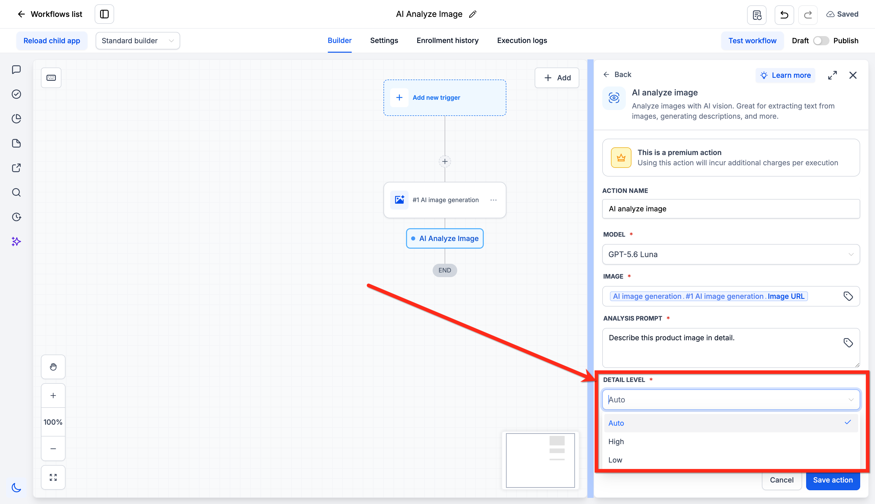 Impostazione del campo URL immagine nell'azione Analisi Immagine AI, utilizzando un valore personalizzato.