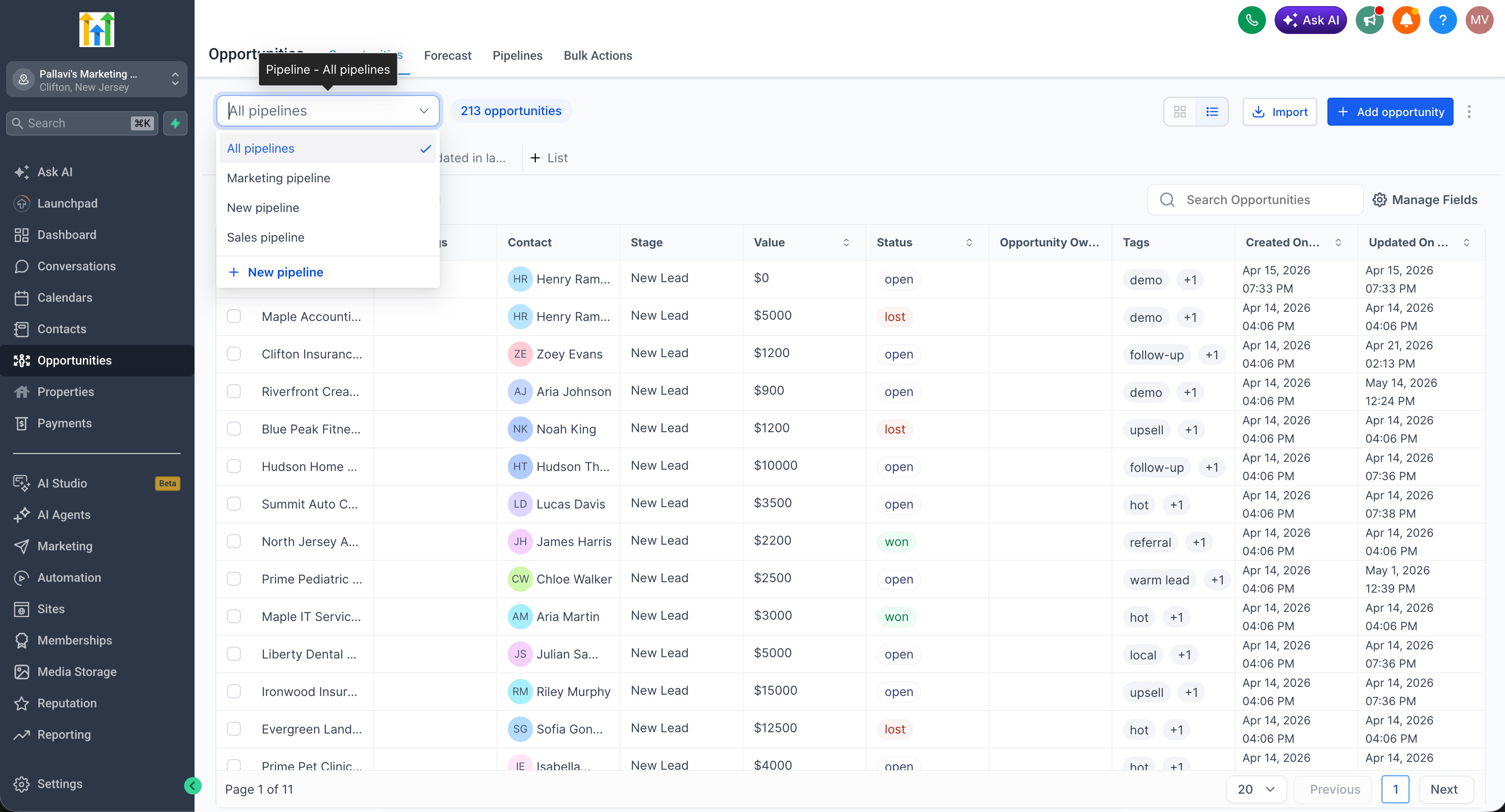 Schermata che mostra come selezionare l'opzione 'Tutte le pipeline' dal menu a tendina nella sezione Opportunità di Futuria CRM.