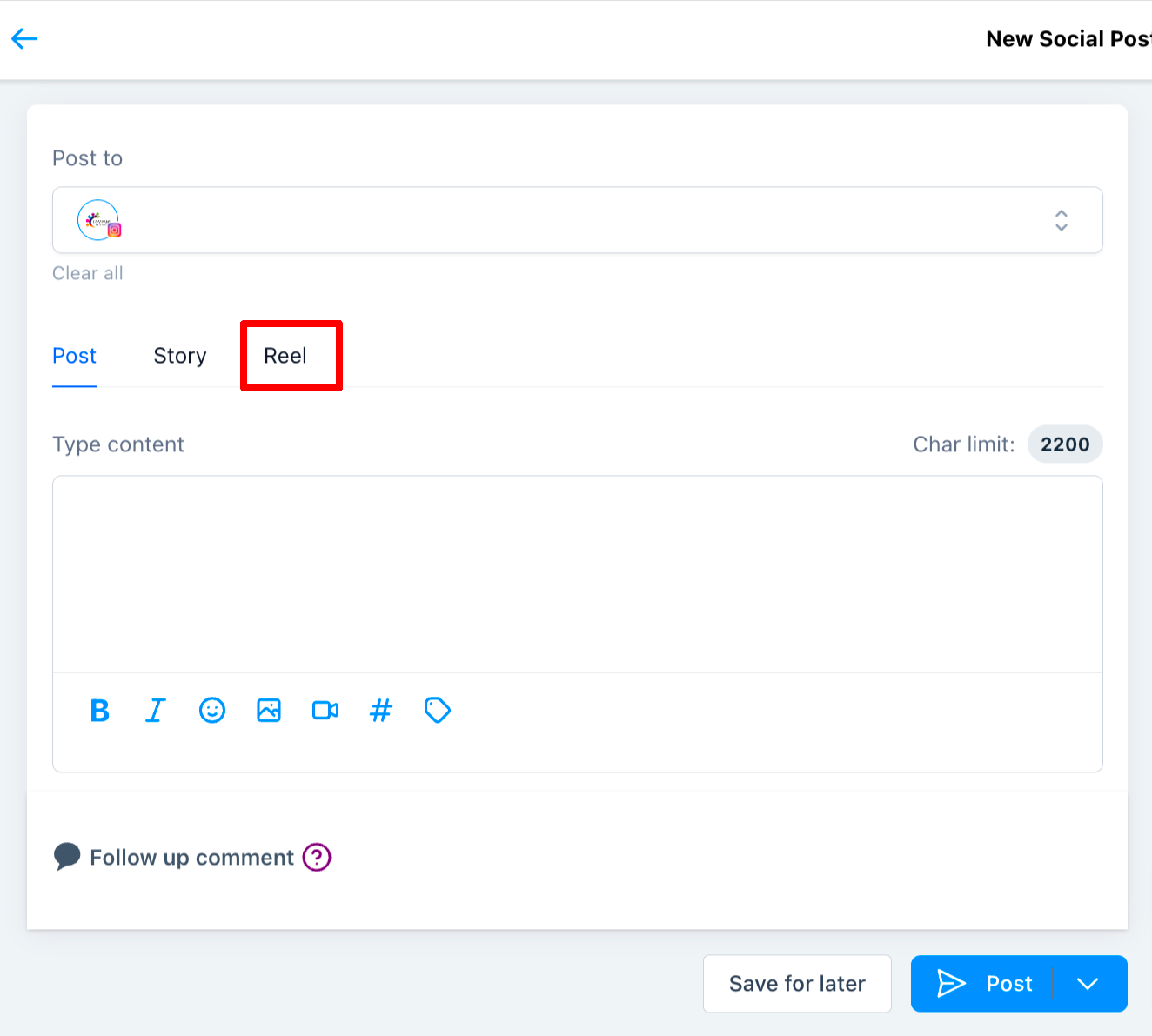 Selezione del tipo di contenuto Reel per un post di Instagram