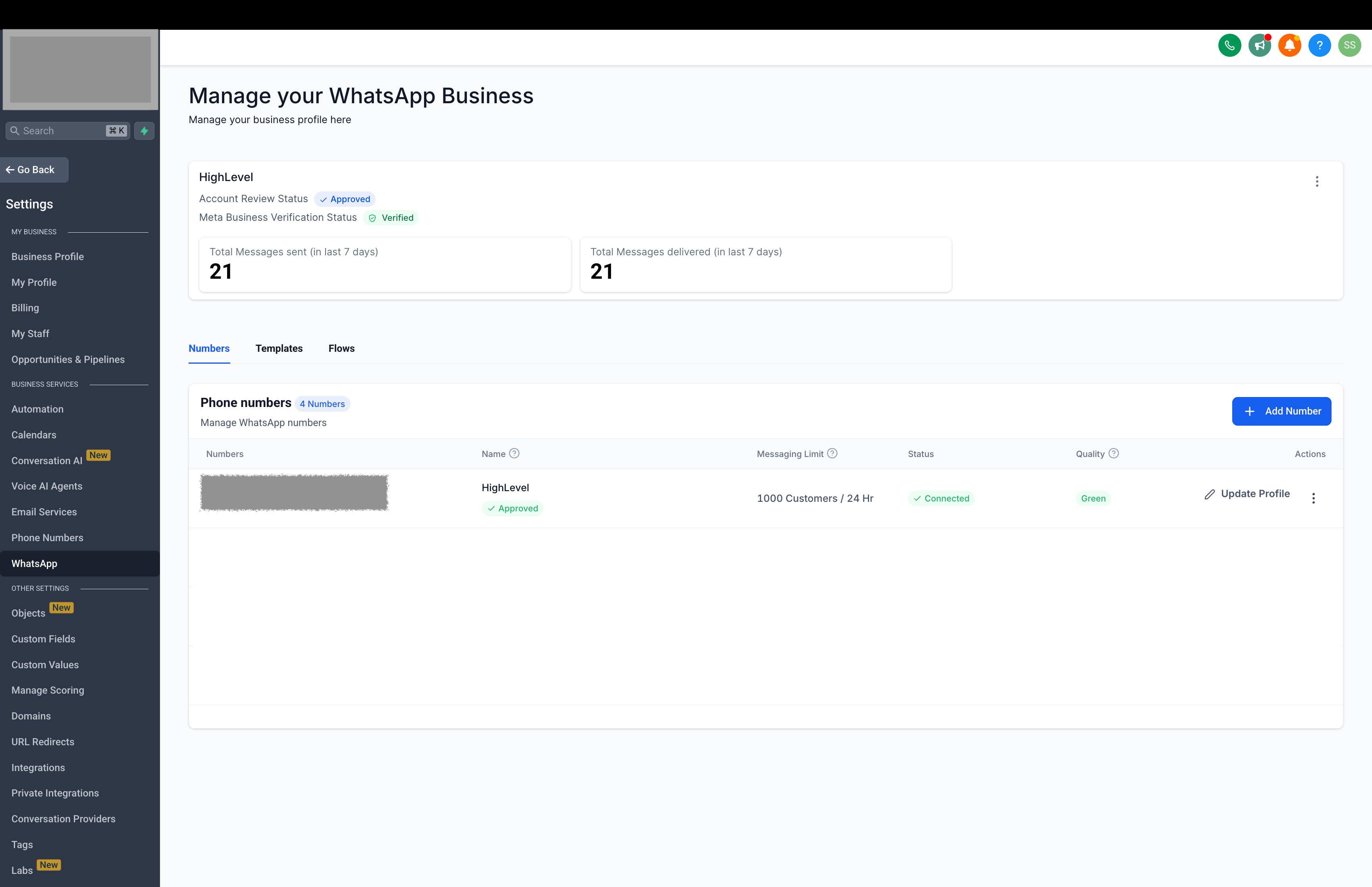 Messaggio di conferma che il numero WhatsApp Business è stato verificato con successo.