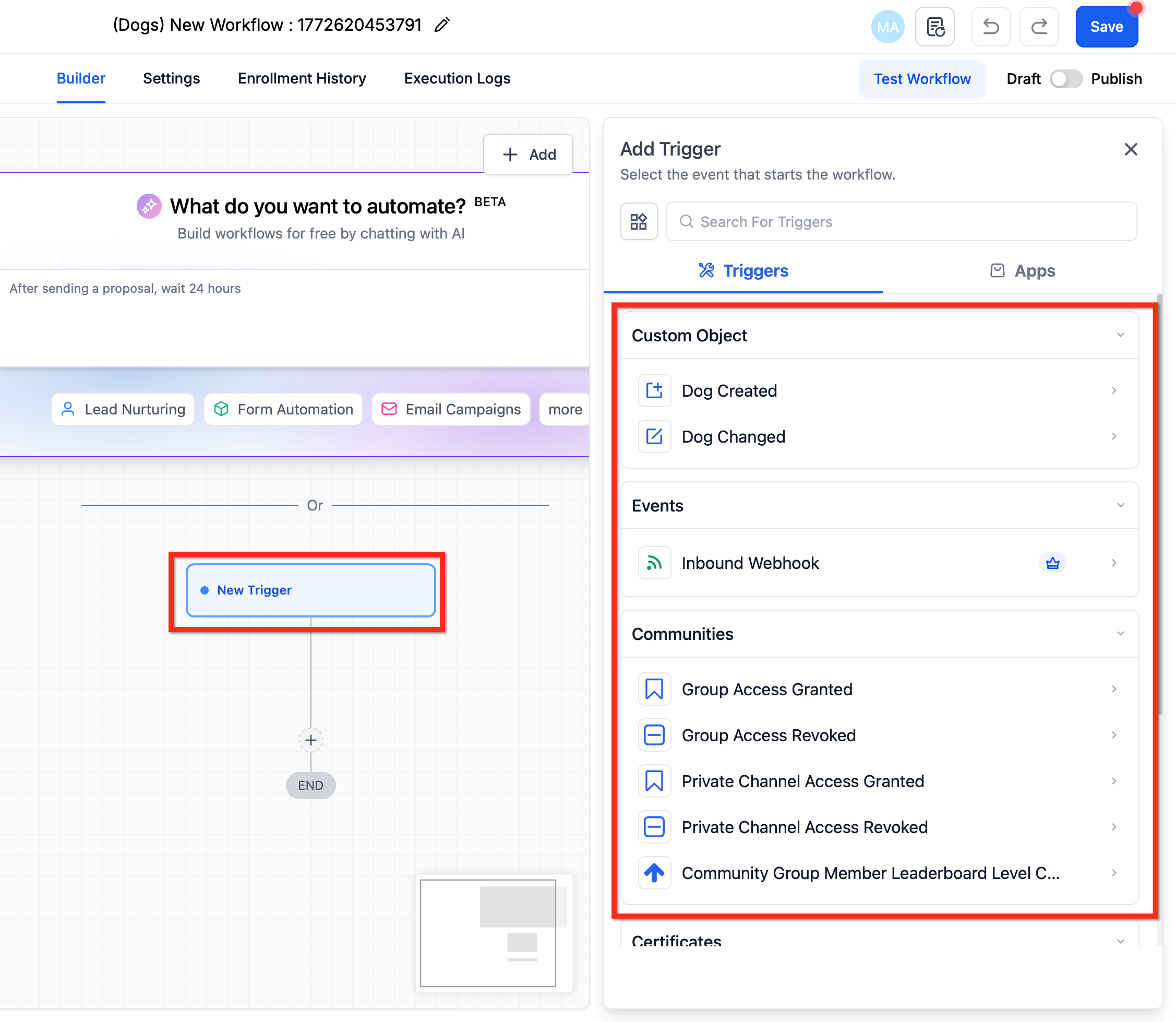 Configurazione di un trigger di workflow per un oggetto personalizzato.