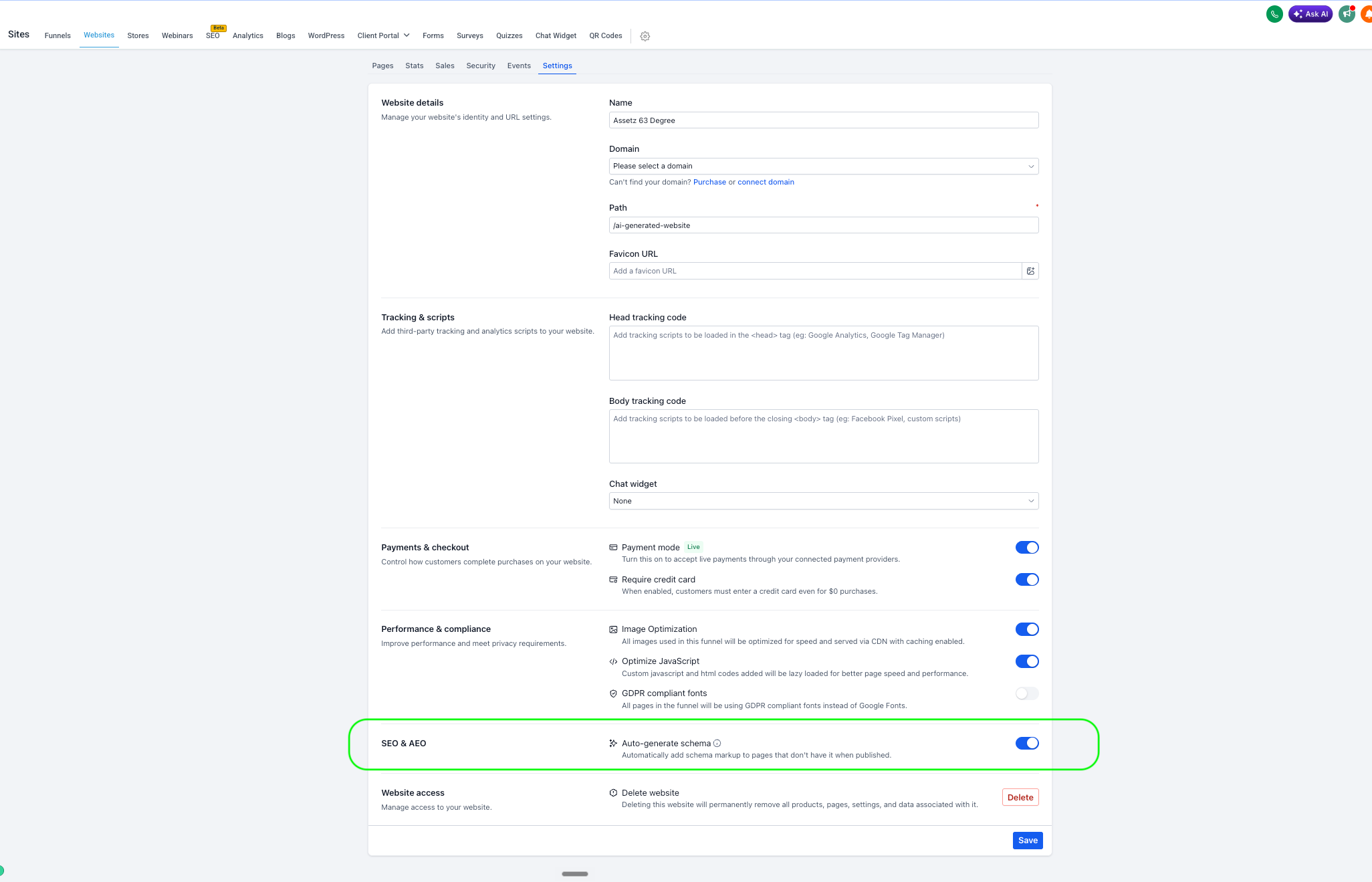 Schermata della nuova impostazione 'Genera schema automaticamente' in Futuria CRM, con l'interruttore per attivarla.