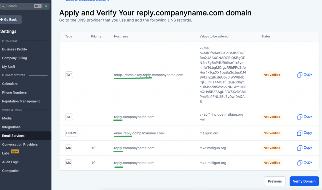 Esempio di screenshot delle impostazioni dei record DNS da condividere con il supporto.